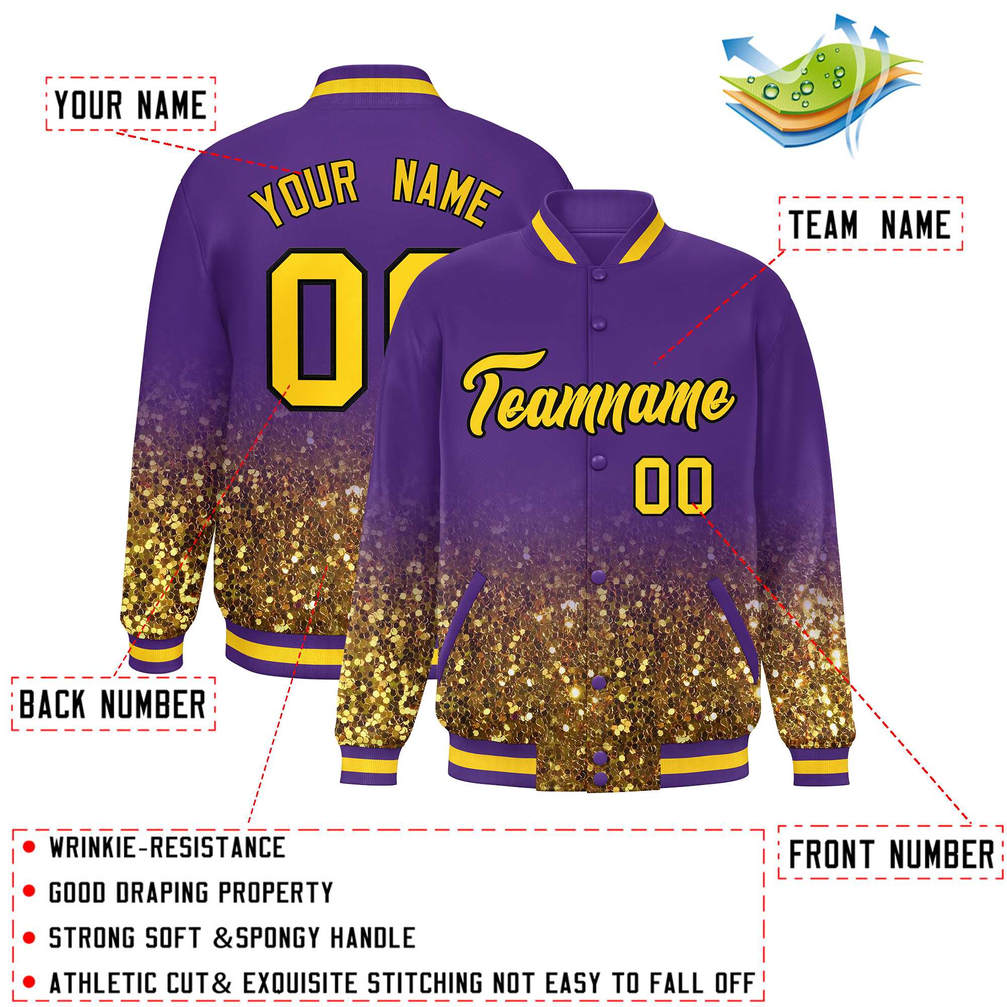 Custom Purple Varsity Full-Snap Sequins Pattern Letterman Baseball Jacket