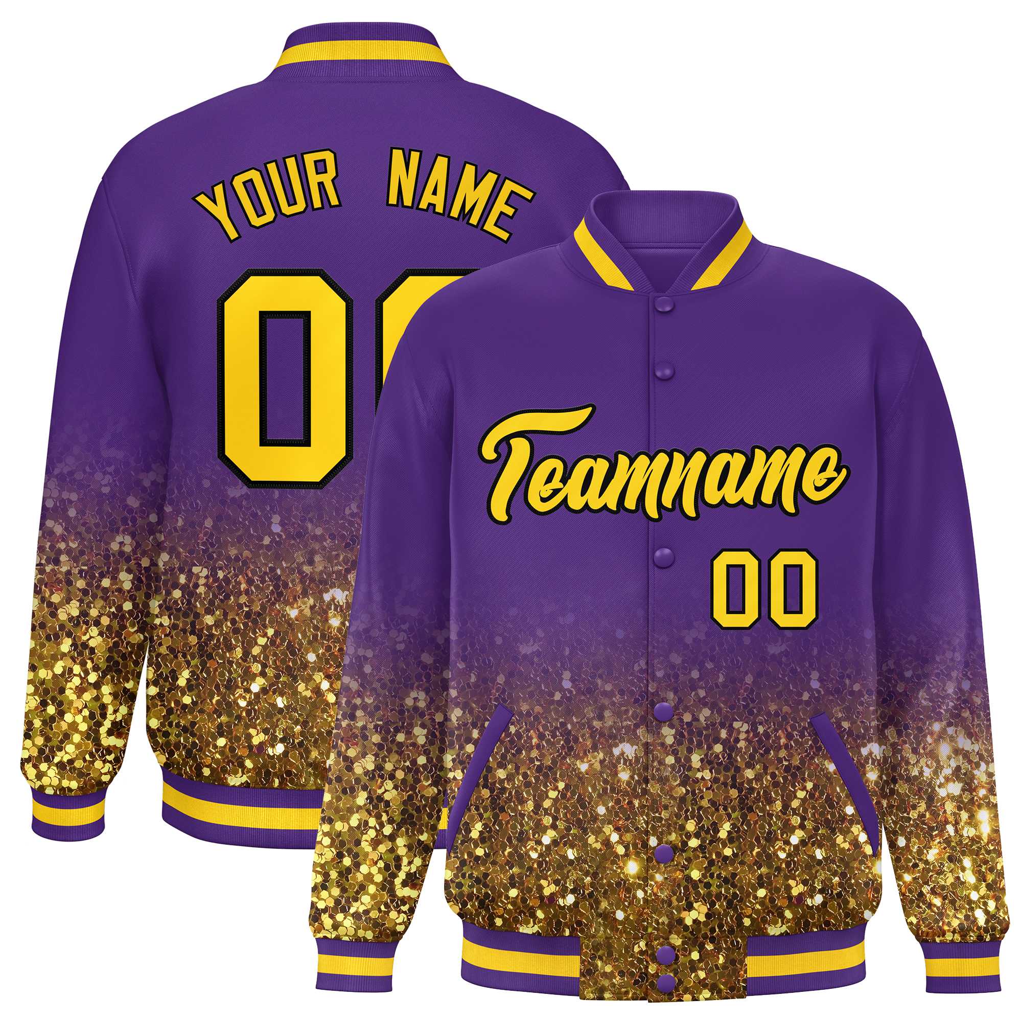 Custom Purple Varsity Full-Snap Sequins Pattern Letterman Baseball Jacket