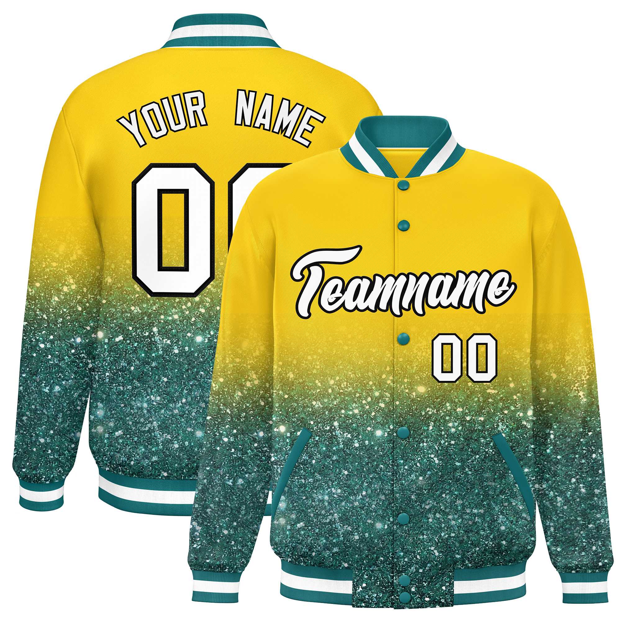 Custom Gold Varsity Full-Snap Sequins Pattern Letterman Baseball Jacket