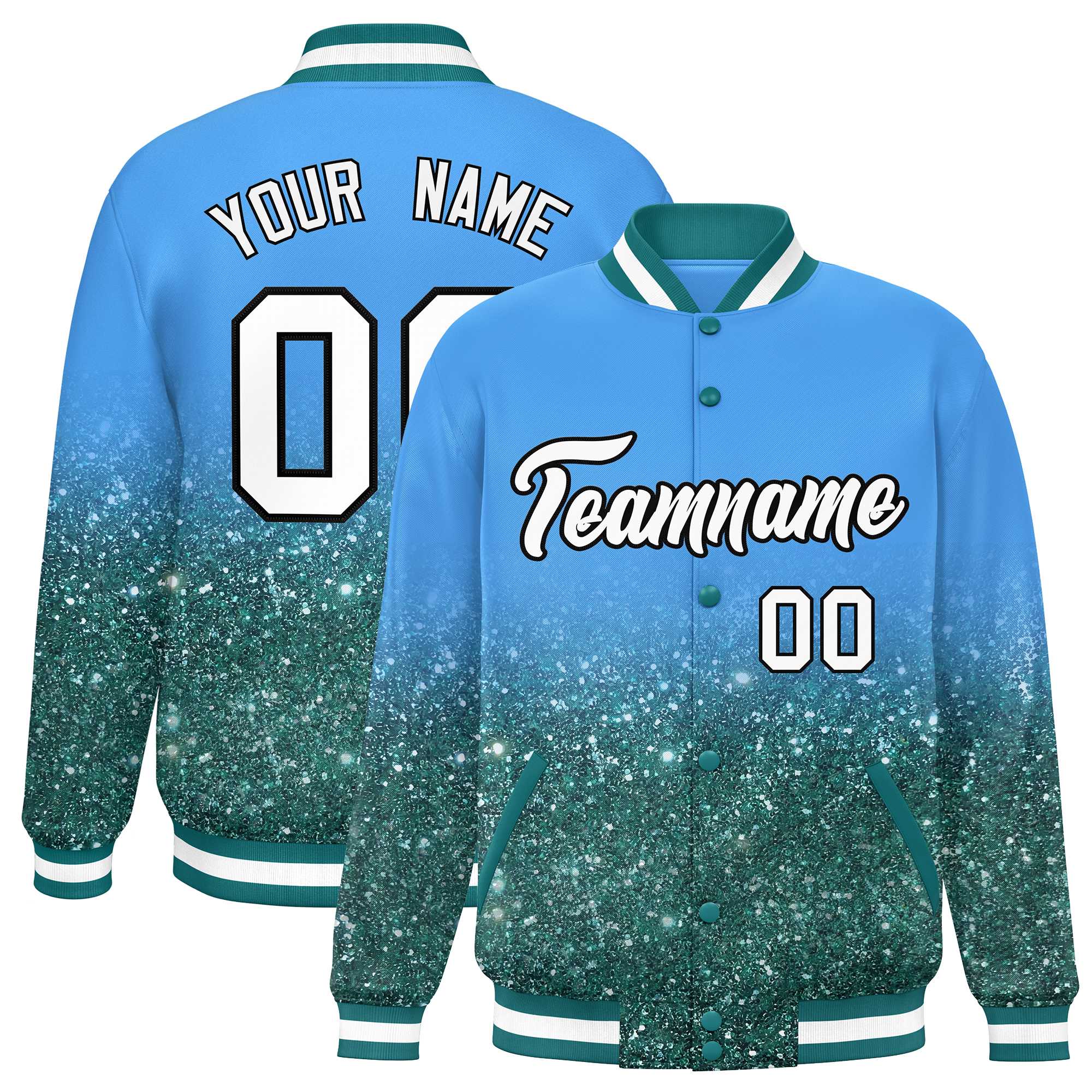 Custom Powder Blue Varsity Full-Snap Sequins Pattern Letterman Baseball Jacket