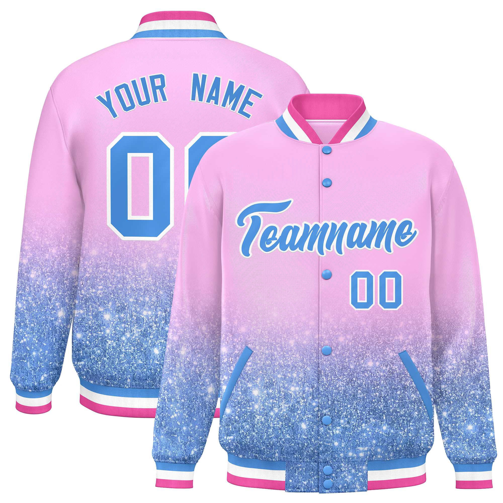 Custom Light Pink Varsity Full-Snap Sequins Pattern Letterman Baseball Jacket