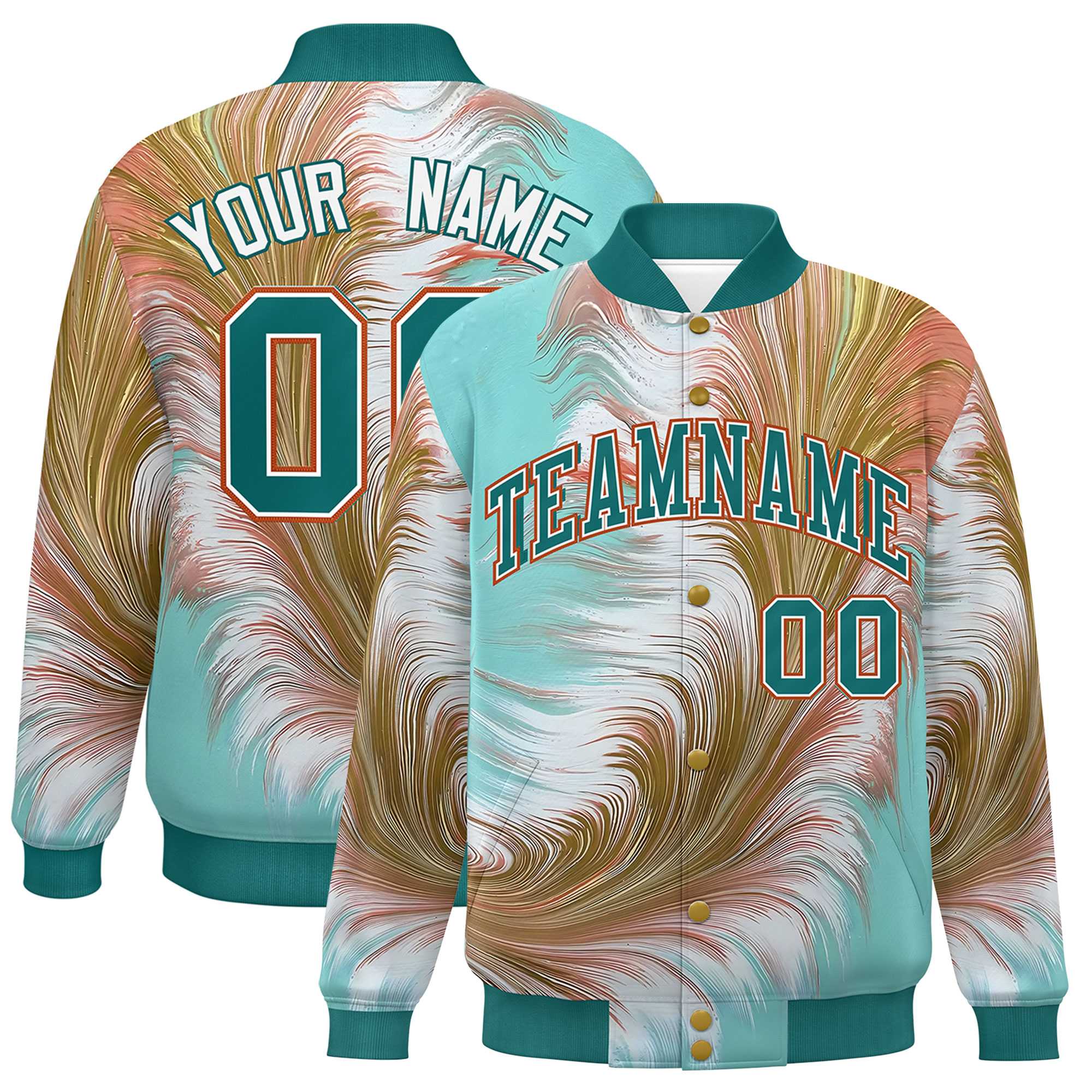 Custom Aqua Varsity Full-Snap Feather Fluid Pattern Letterman Baseball Jacket