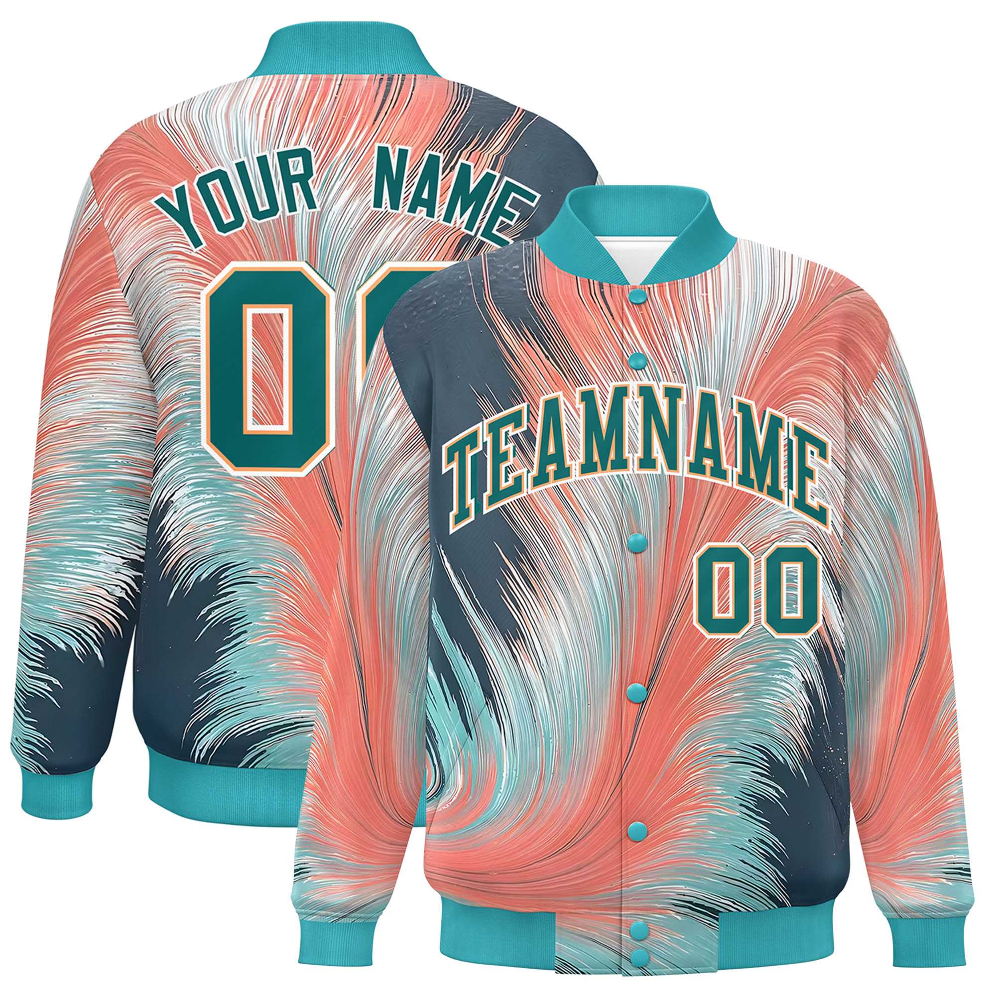 Custom Aqua Varsity Full-Snap Feather Fluid Pattern Letterman Baseball Jacket