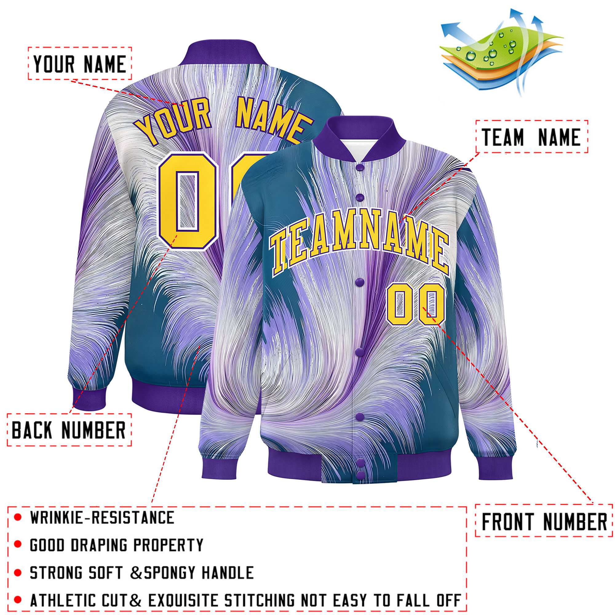 Custom Purple Varsity Full-Snap Feather Fluid Pattern Letterman Baseball Jacket