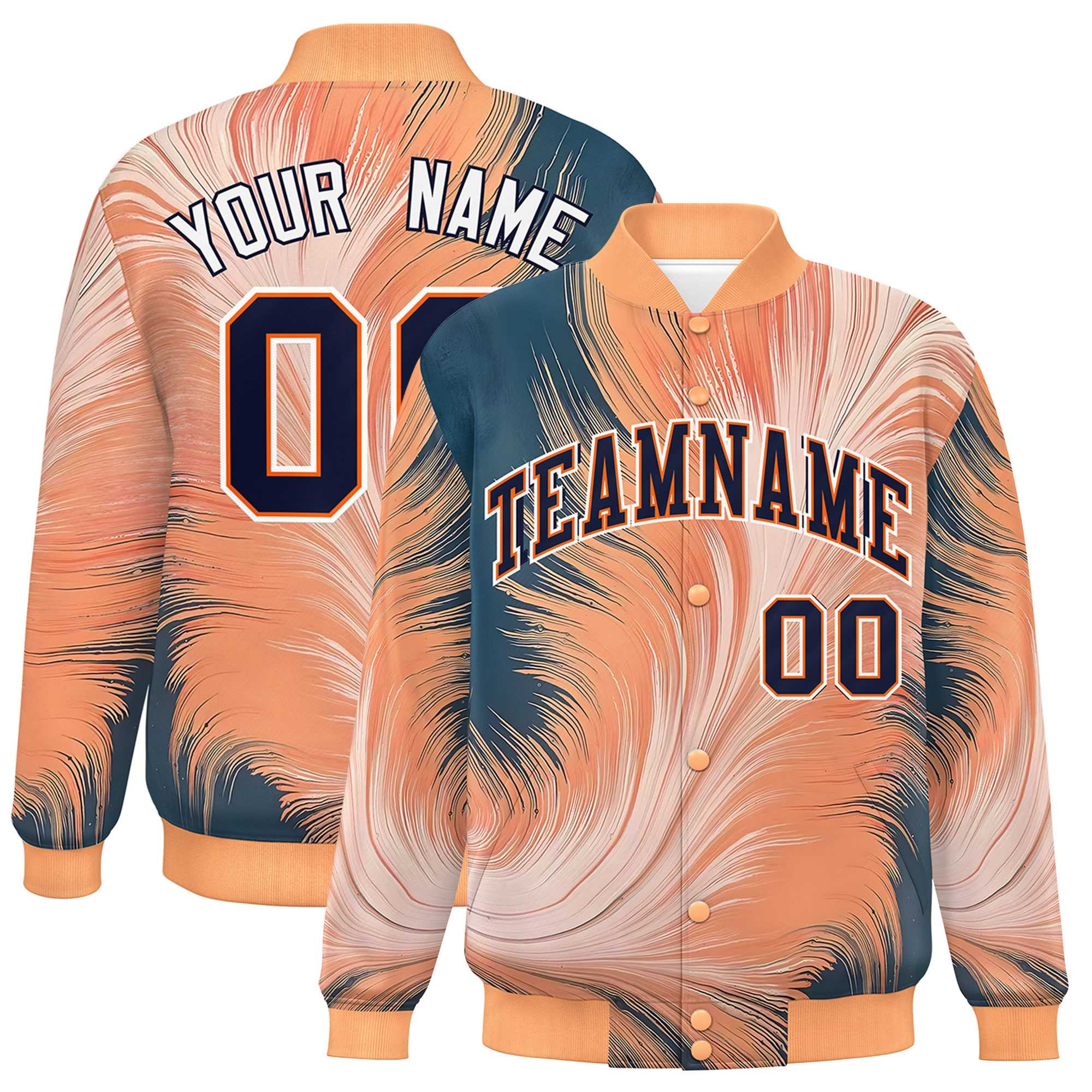 Custom Orange Varsity Full-Snap Feather Fluid Pattern Letterman Baseball Jacket