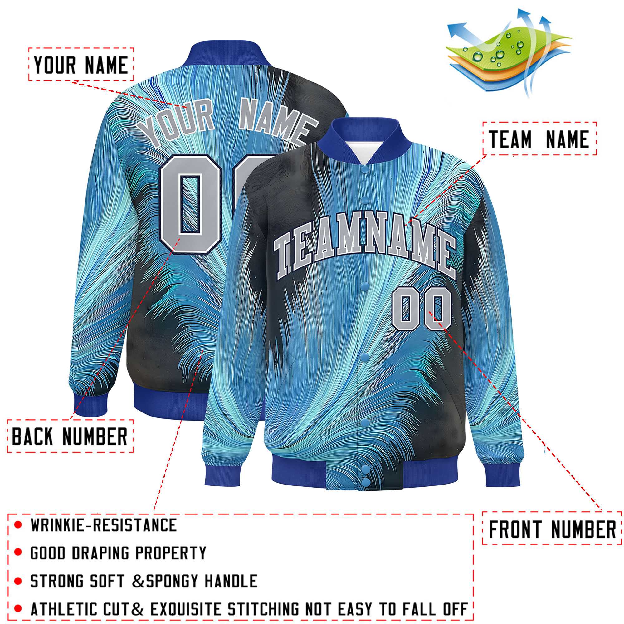 Custom Royal Varsity Full-Snap Feather Fluid Pattern Letterman Baseball Jacket