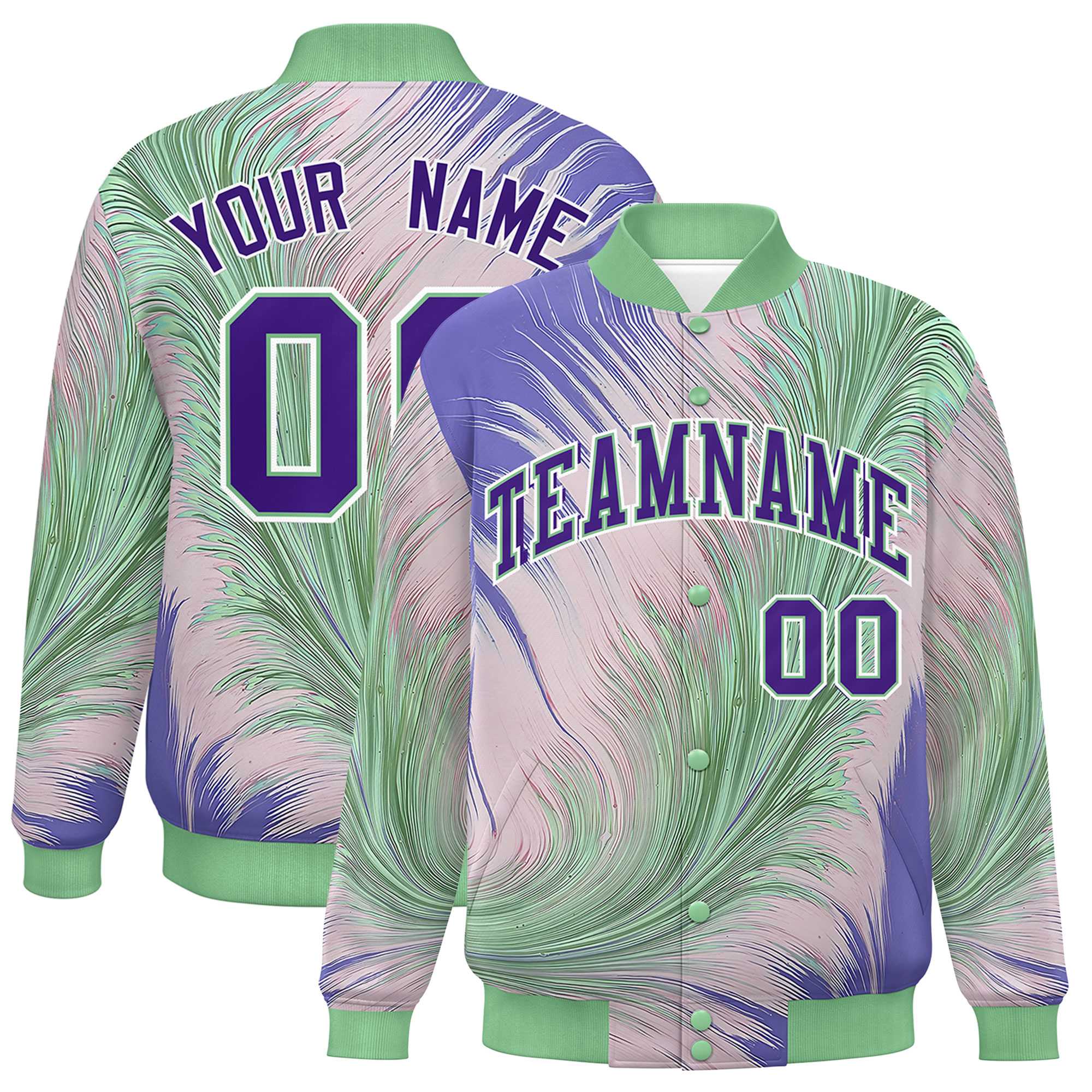 Custom Green Varsity Full-Snap Feather Fluid Pattern Letterman Baseball Jacket