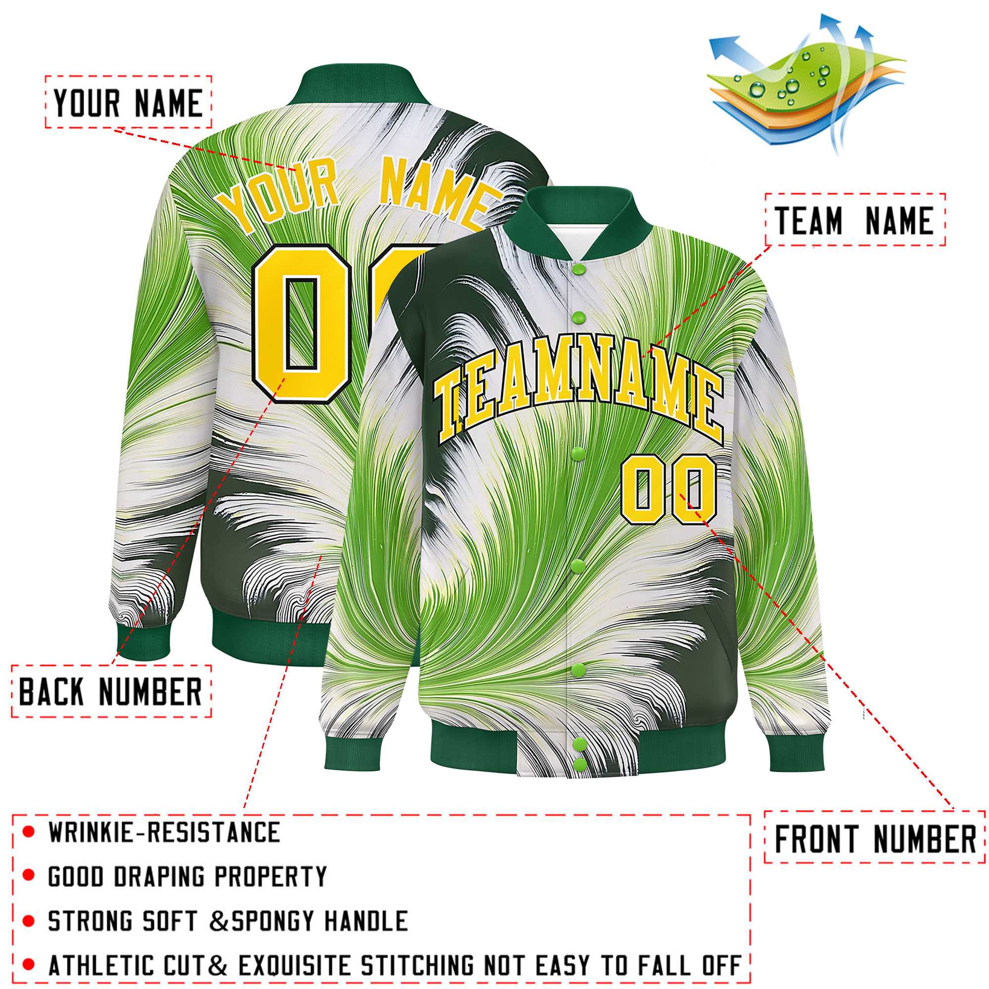 Custom Green Varsity Full-Snap Feather Fluid Pattern Letterman Baseball Jacket