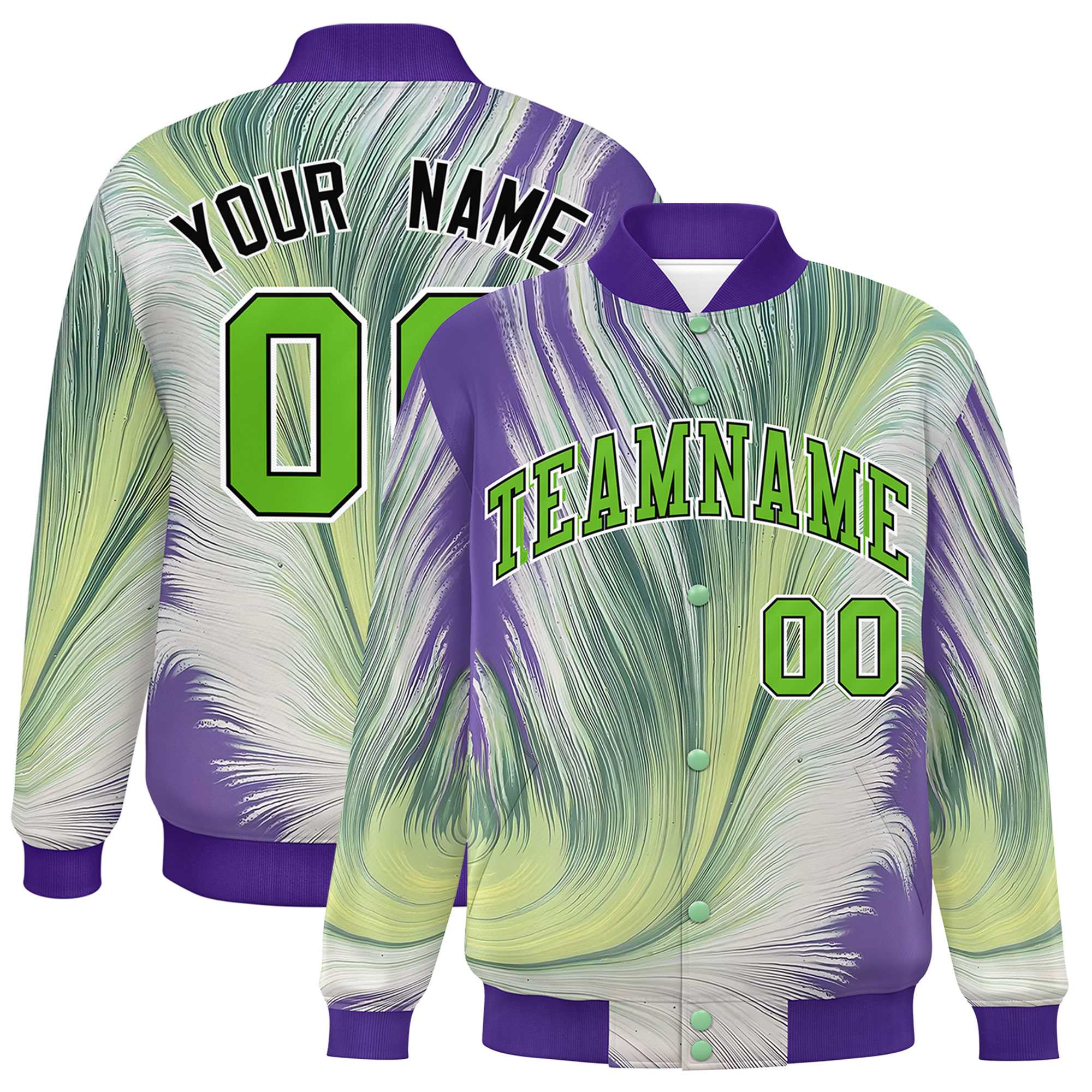 Custom Purple Varsity Full-Snap Feather Fluid Pattern Letterman Baseball Jacket