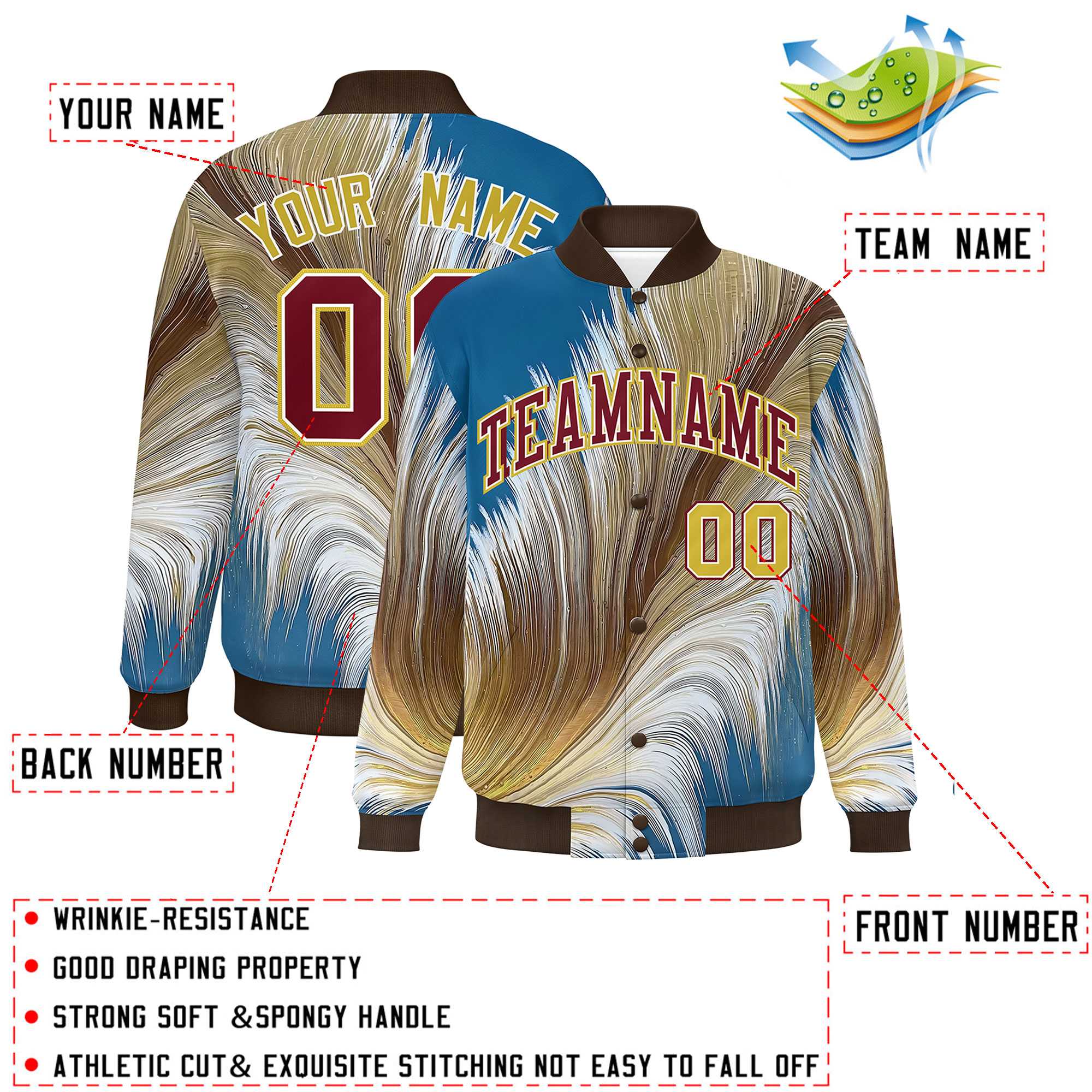 Custom Brown Varsity Full-Snap Feather Fluid Pattern Letterman Baseball Jacket