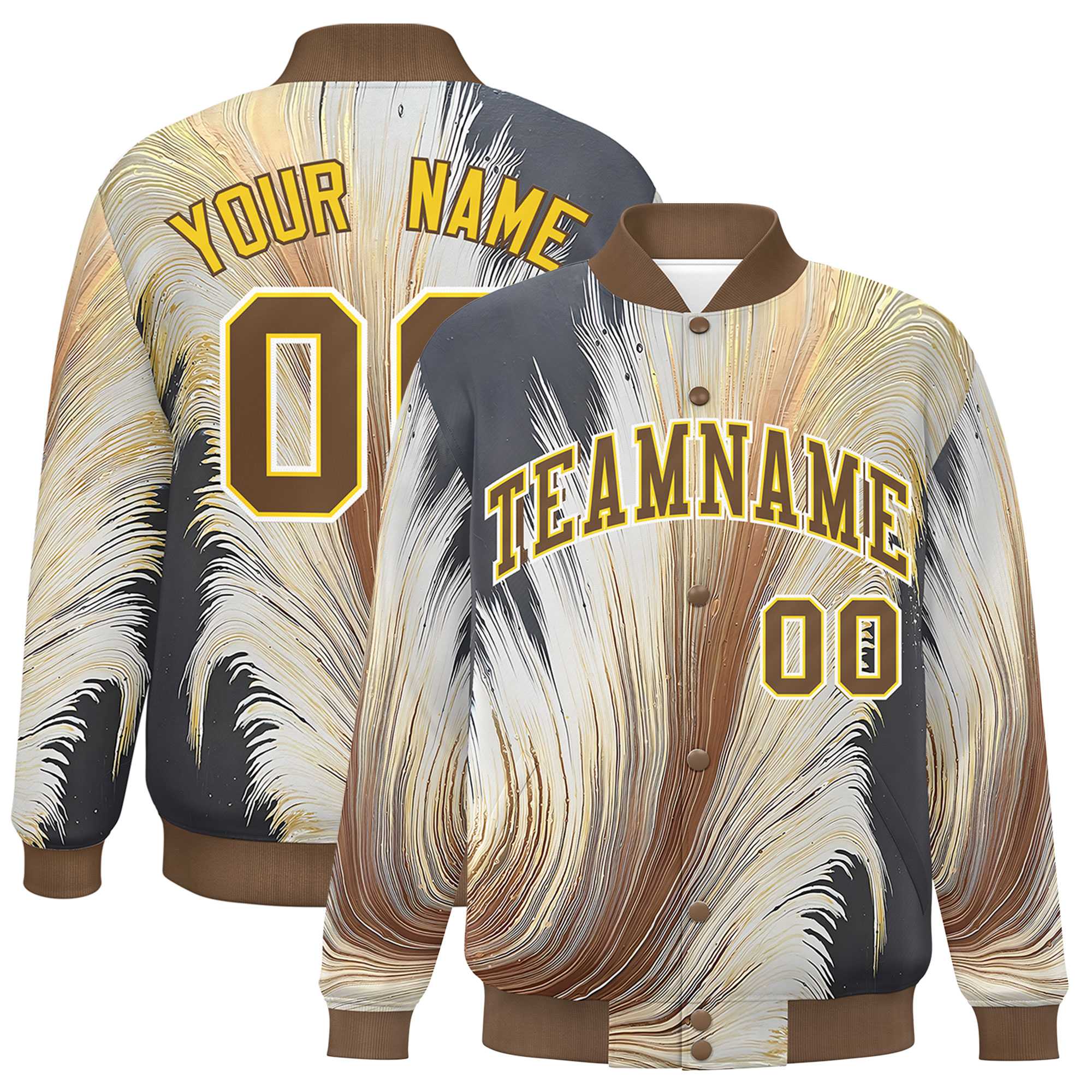 Custom Light Brown Varsity Full-Snap Feather Fluid Pattern Letterman Baseball Jacket