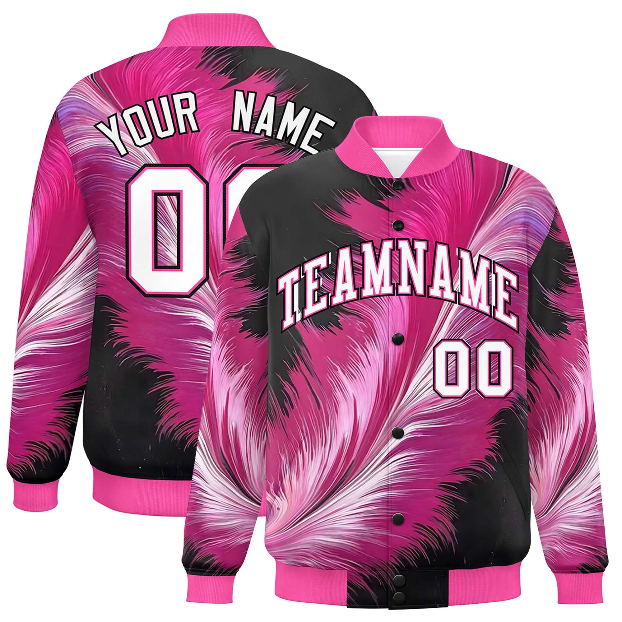 Custom Pink Varsity Full-Snap Feather Fluid Pattern Letterman Baseball Jacket