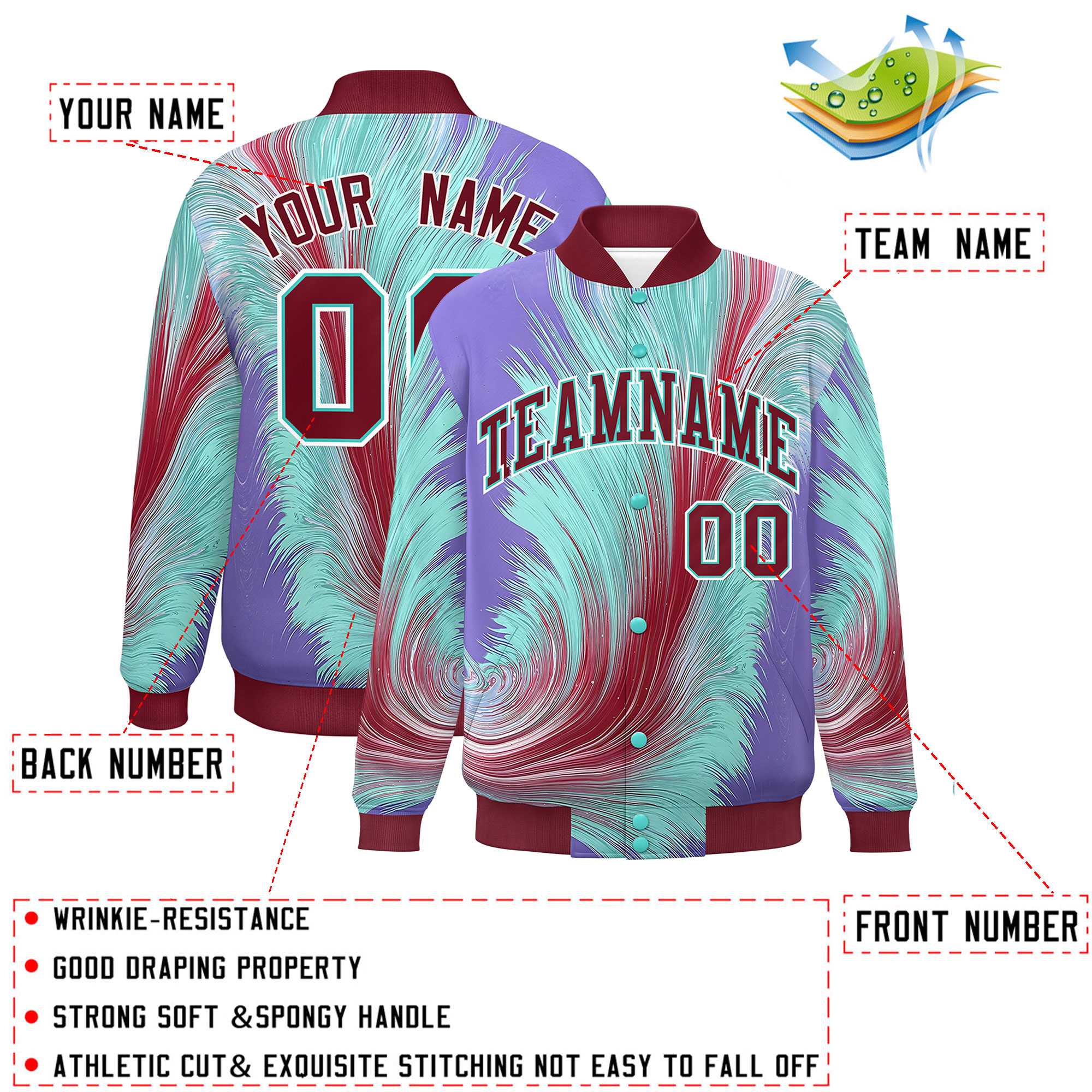 Custom Crimson Varsity Full-Snap Feather Fluid Pattern Letterman Baseball Jacket