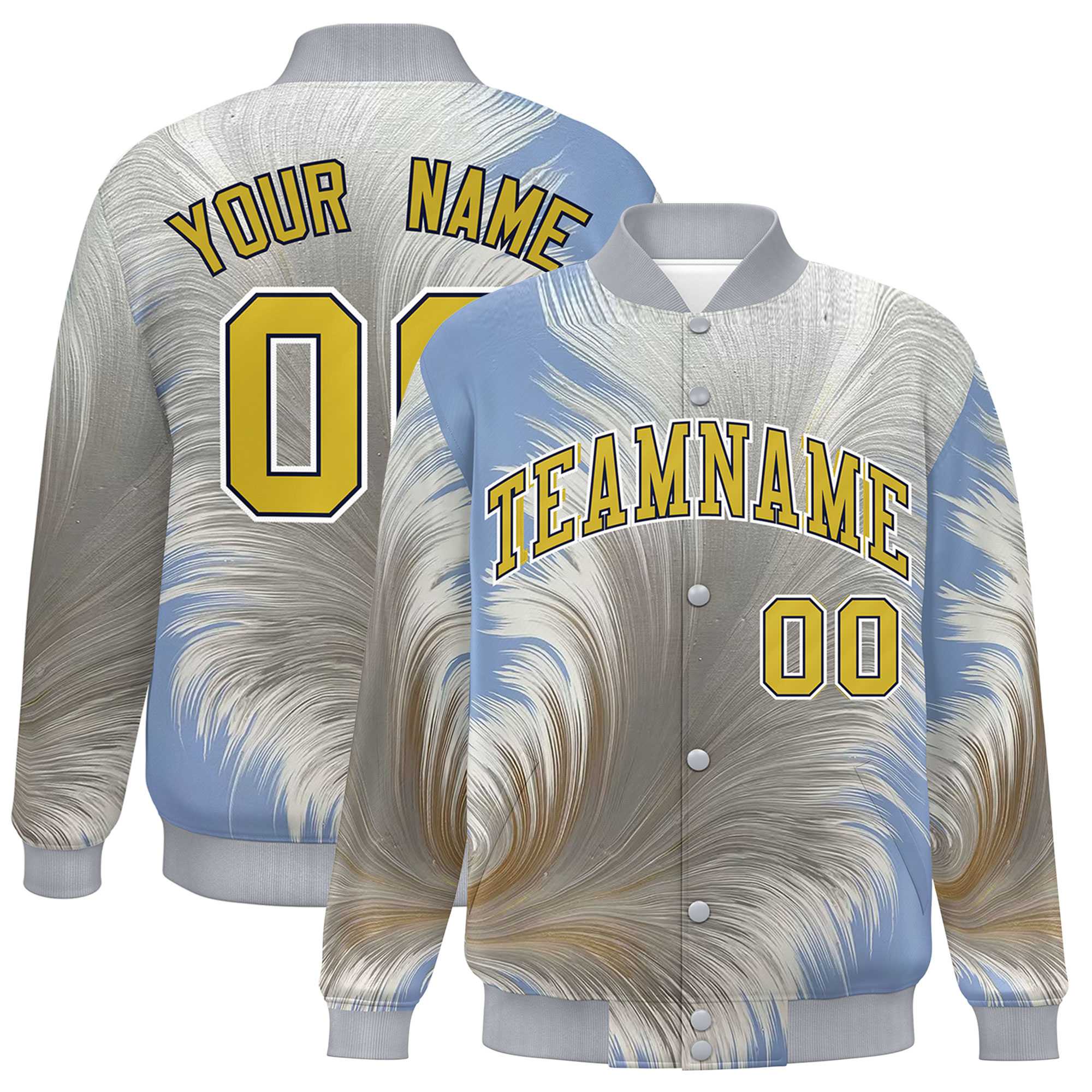 Custom Gray Varsity Full-Snap Feather Fluid Pattern Letterman Baseball Jacket