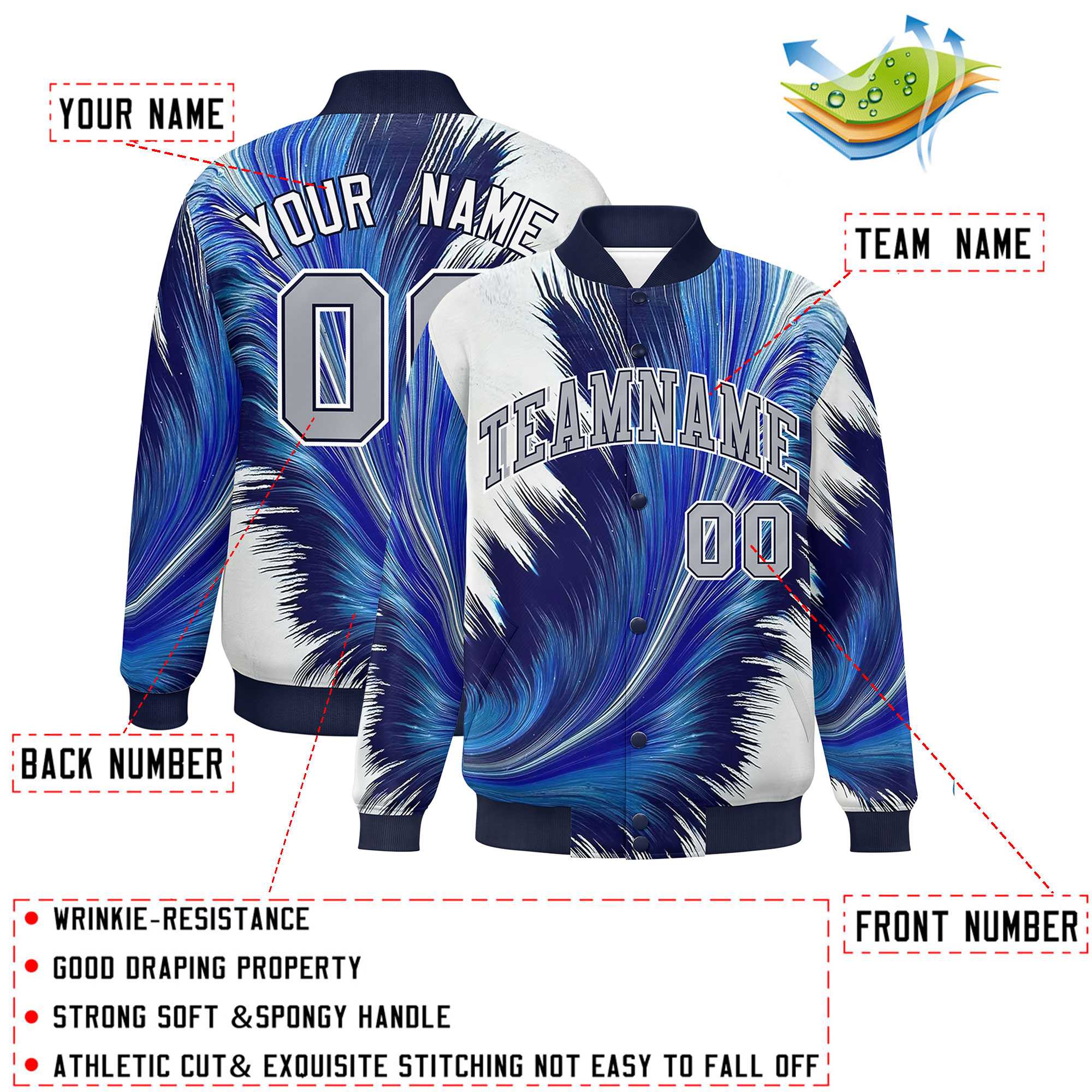 Custom Navy Varsity Full-Snap Feather Fluid Pattern Letterman Baseball Jacket