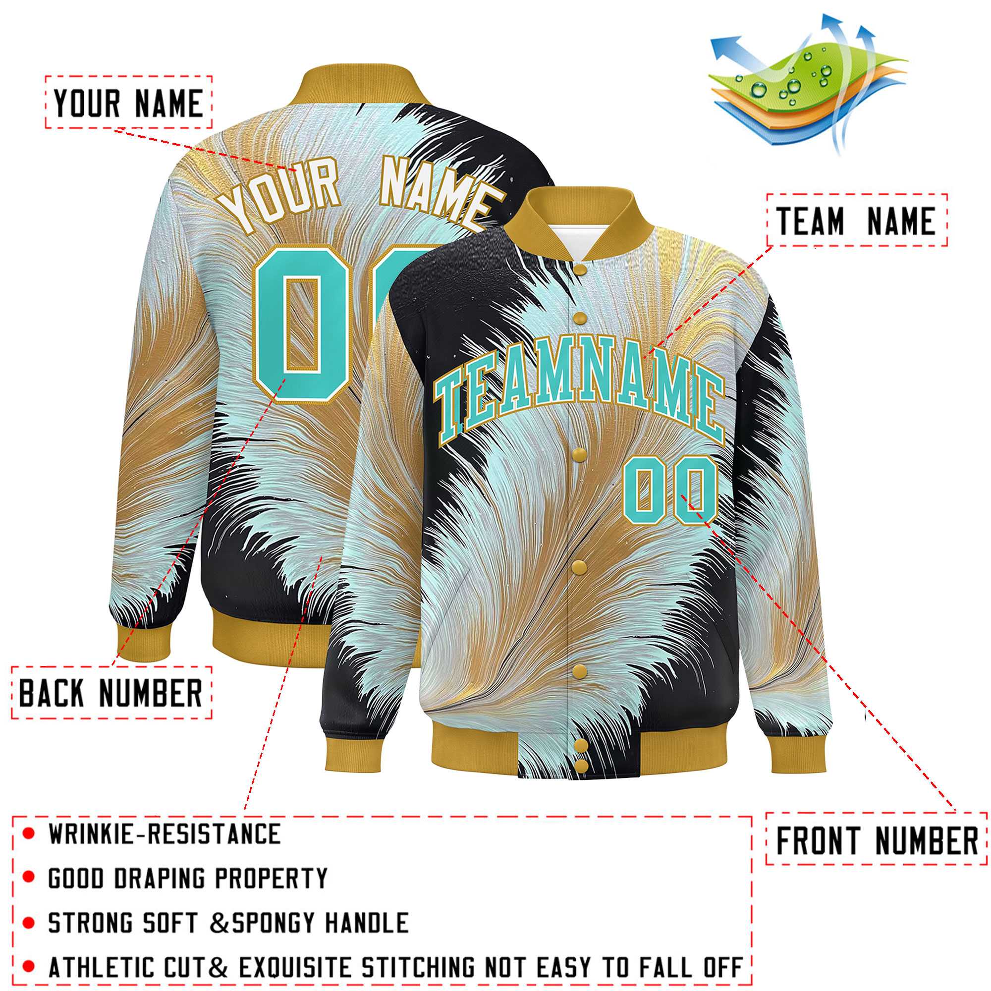 Custom Old Gold Varsity Full-Snap Feather Fluid Pattern Letterman Baseball Jacket