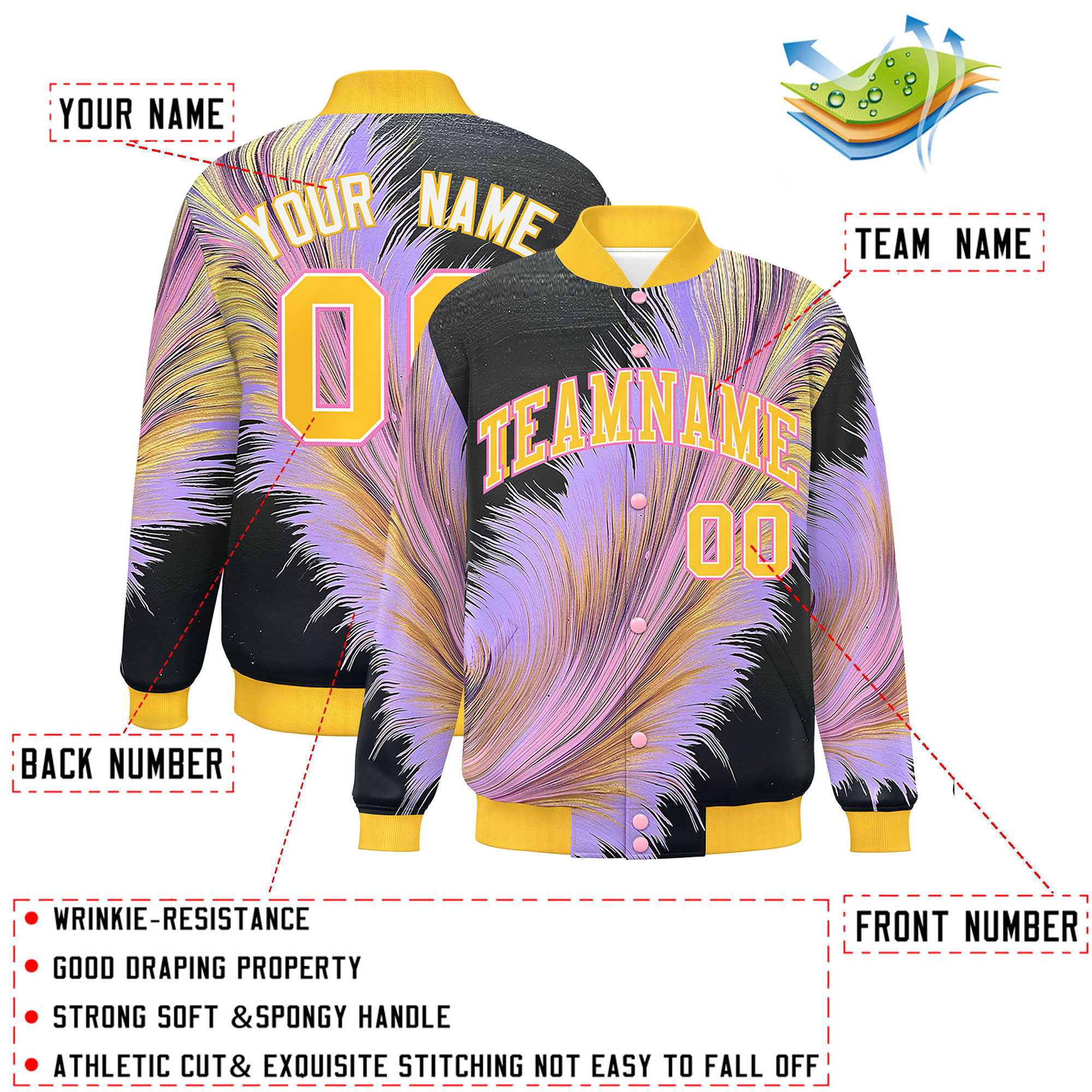 Custom Gold Varsity Full-Snap Feather Fluid Pattern Letterman Baseball Jacket