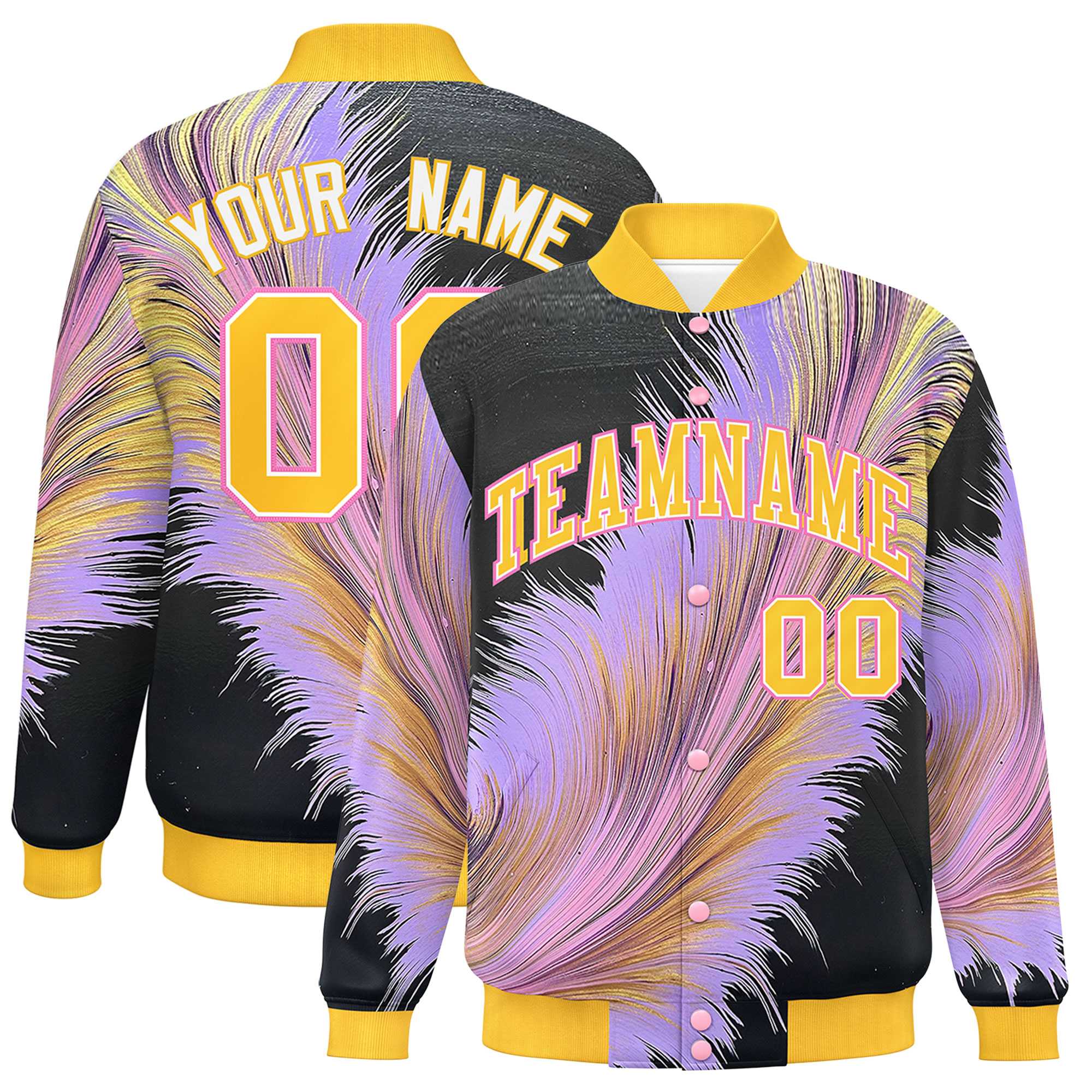 Custom Gold Varsity Full-Snap Feather Fluid Pattern Letterman Baseball Jacket