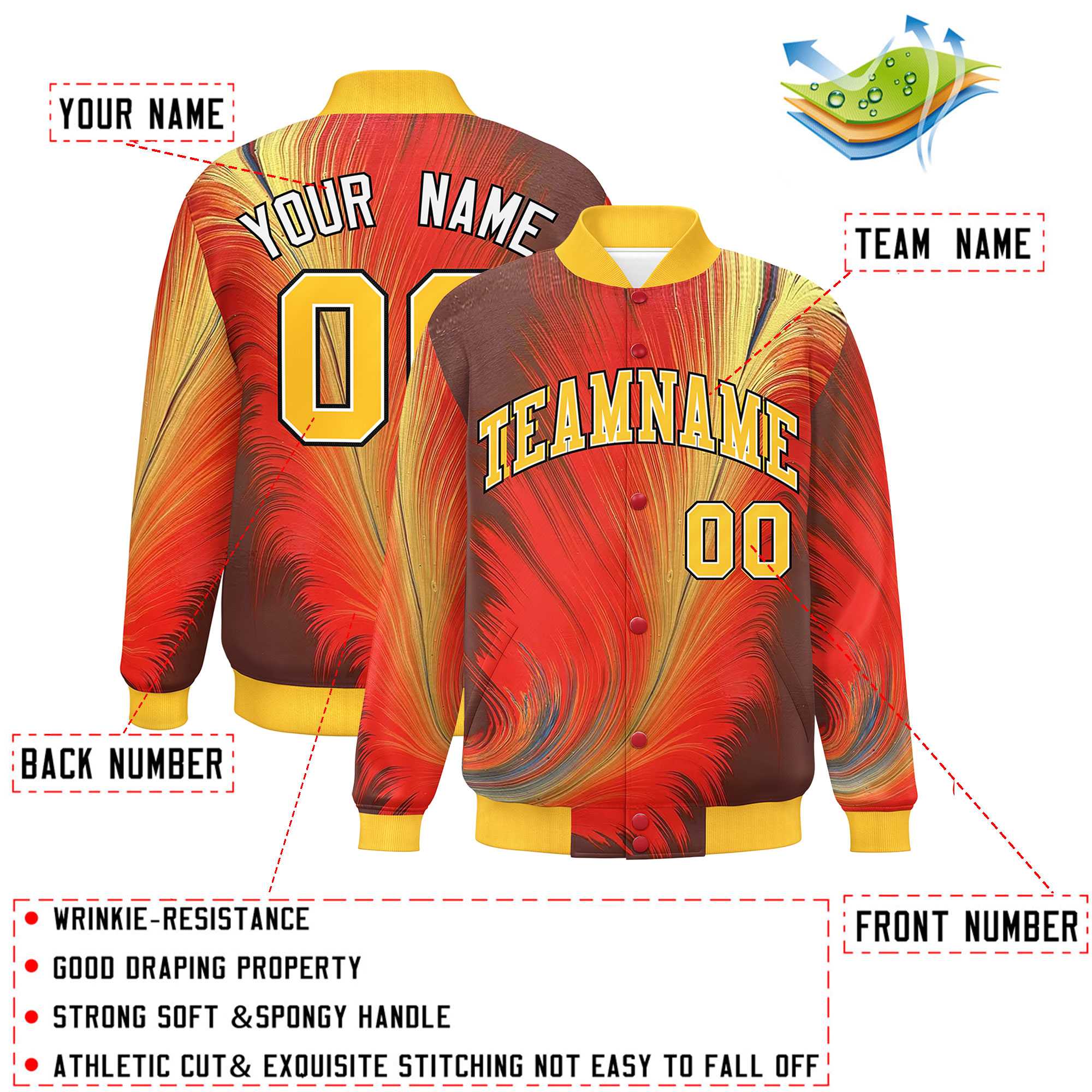 Custom Gold Varsity Full-Snap Feather Fluid Pattern Letterman Baseball Jacket