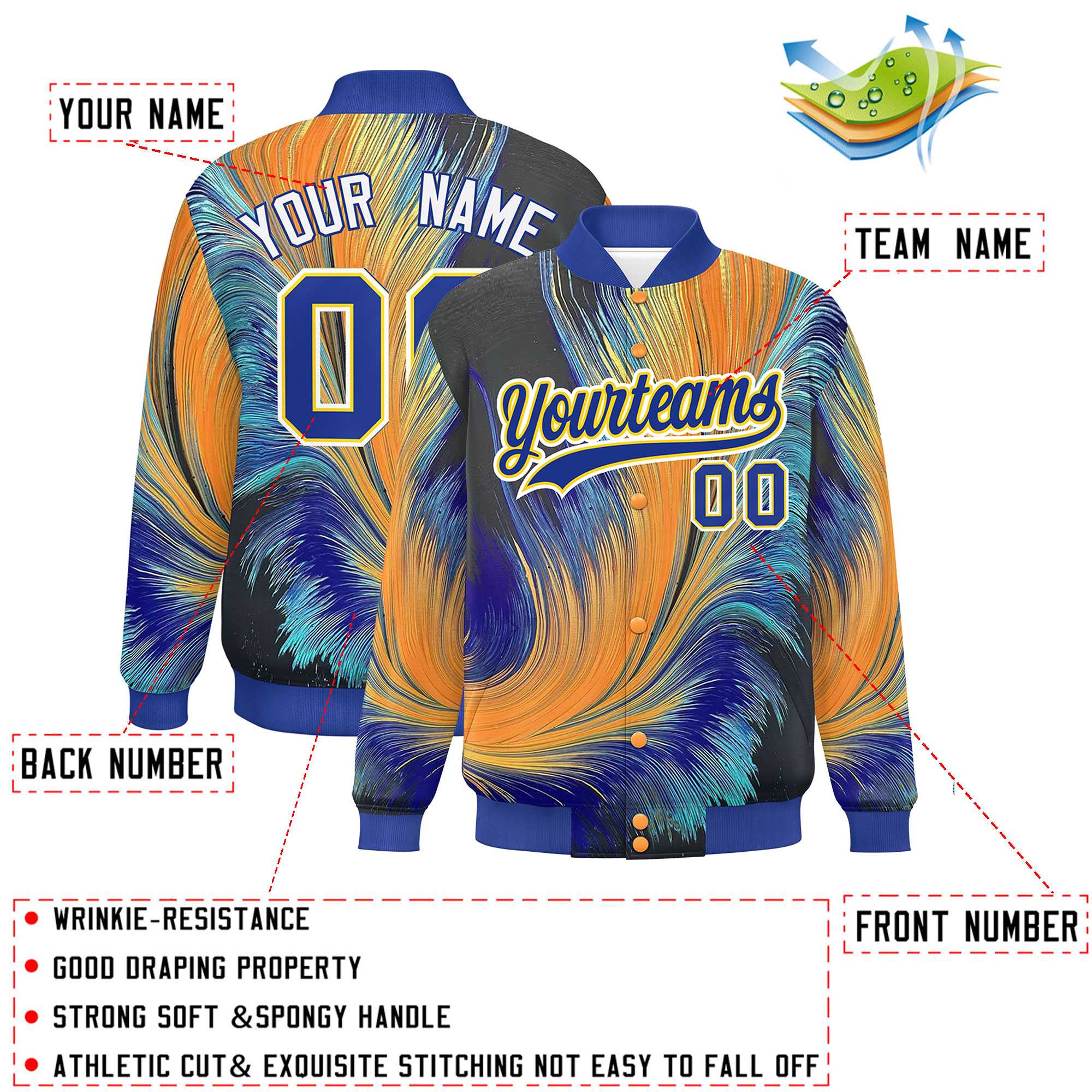 Custom Royal Varsity Full-Snap Feather Fluid Pattern Letterman Baseball Jacket