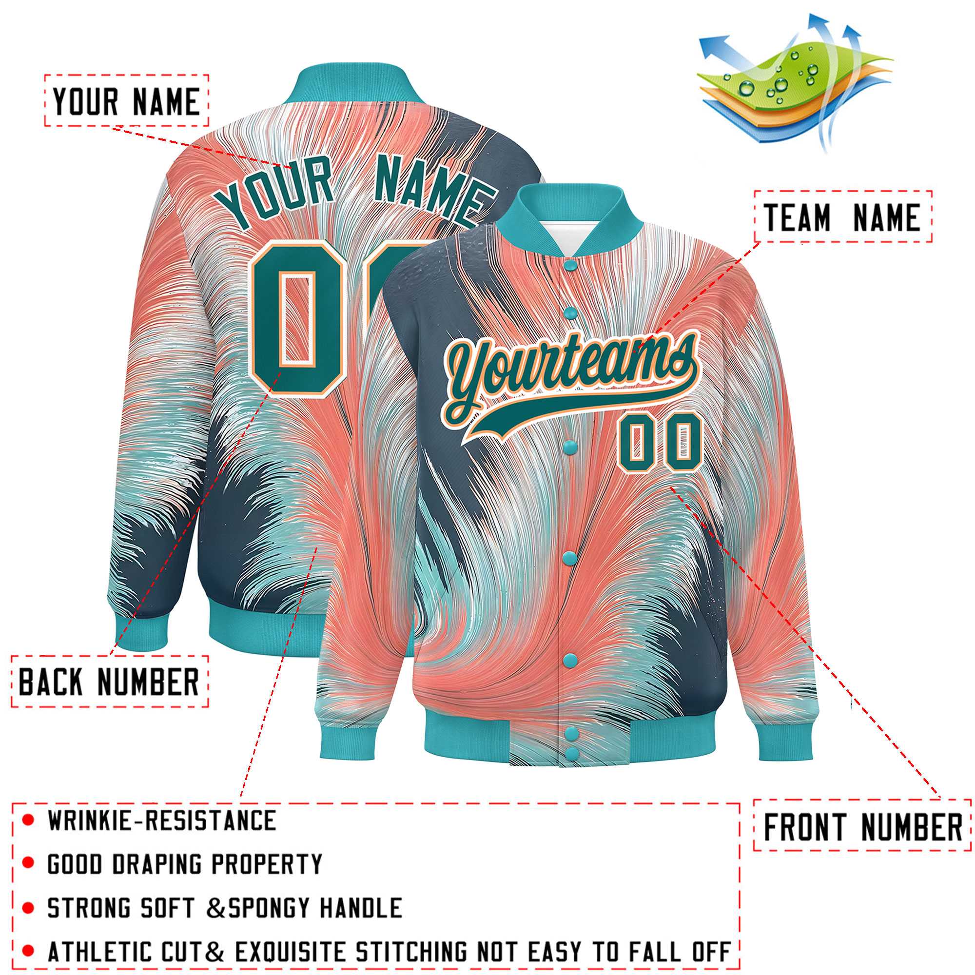 Custom Aqua Varsity Full-Snap Feather Fluid Pattern Letterman Baseball Jacket