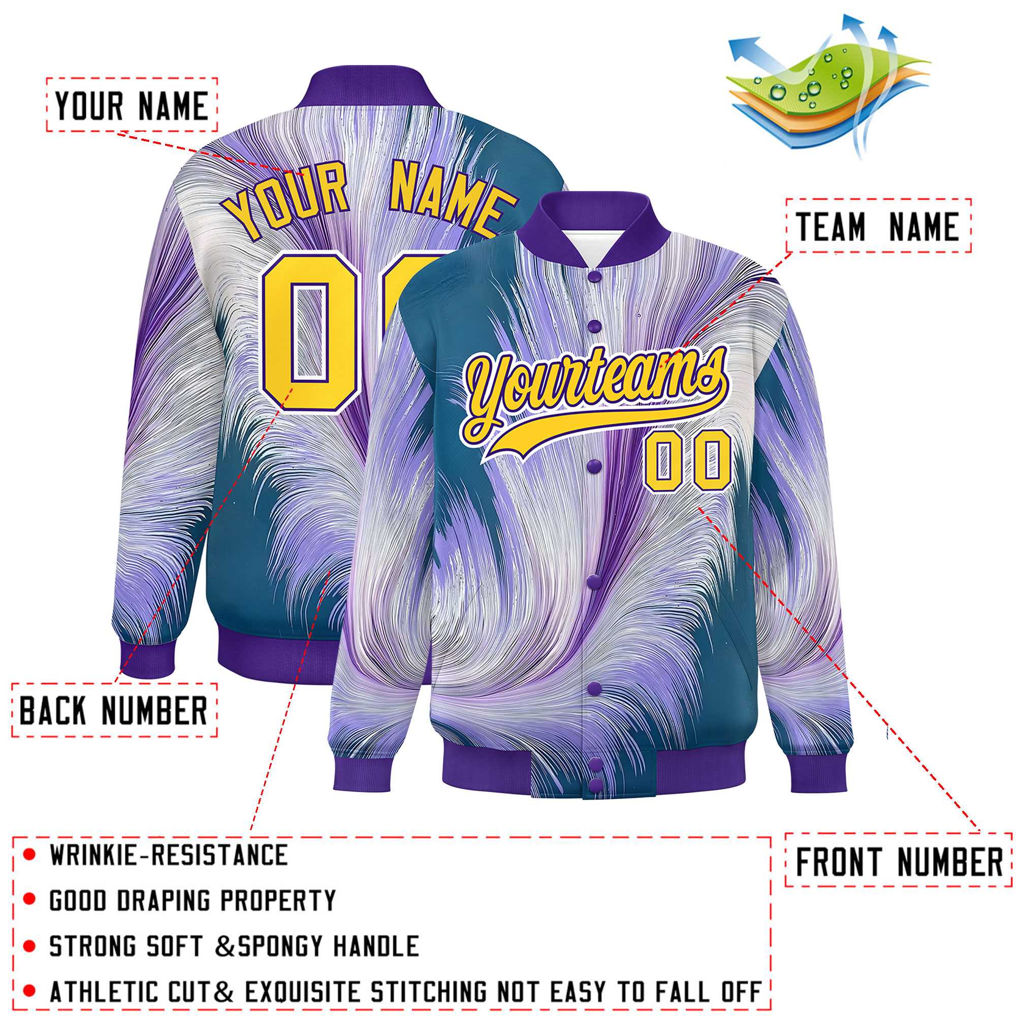 Custom Purple Varsity Full-Snap Feather Fluid Pattern Letterman Baseball Jacket