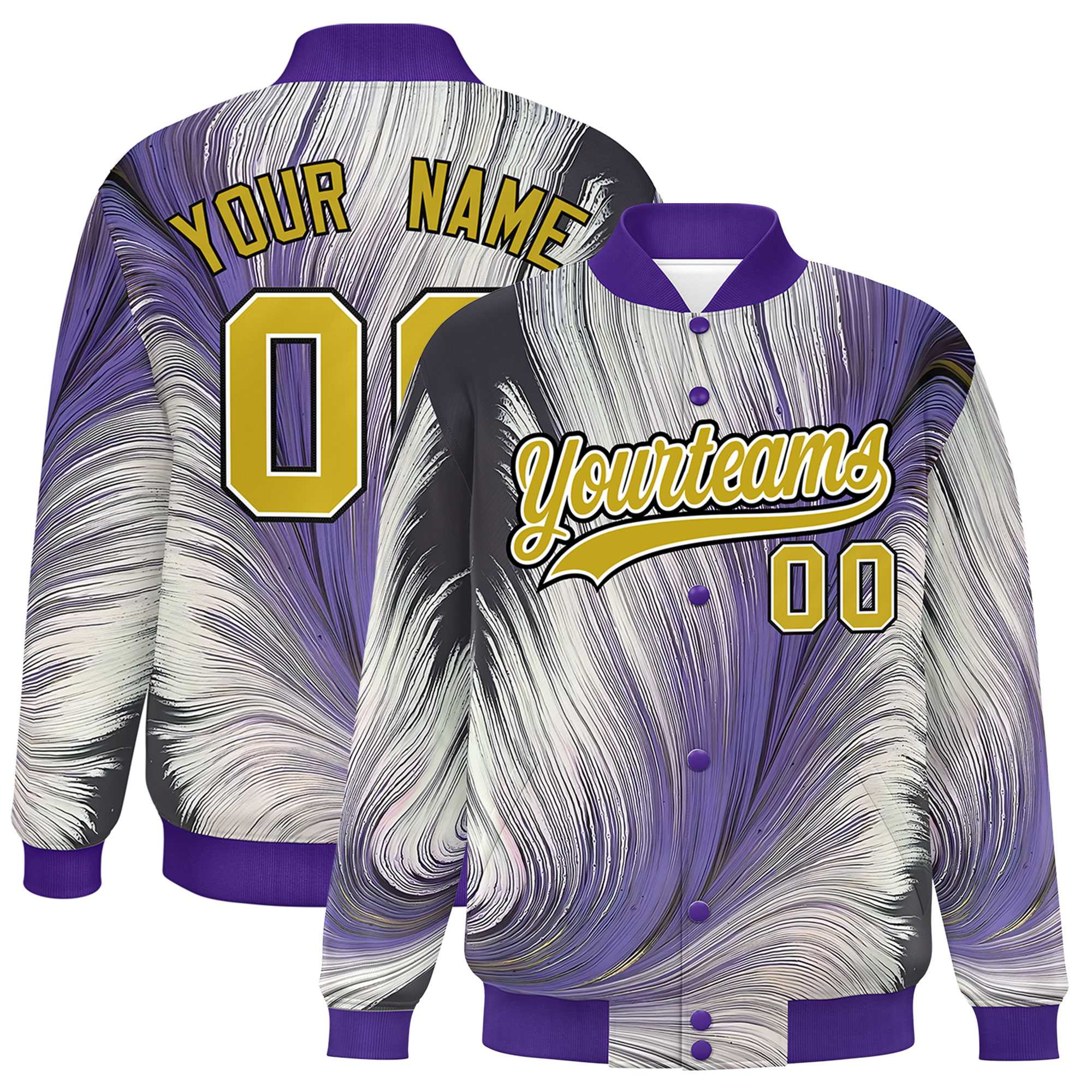 Custom Purple Varsity Full-Snap Feather Fluid Pattern Letterman Baseball Jacket