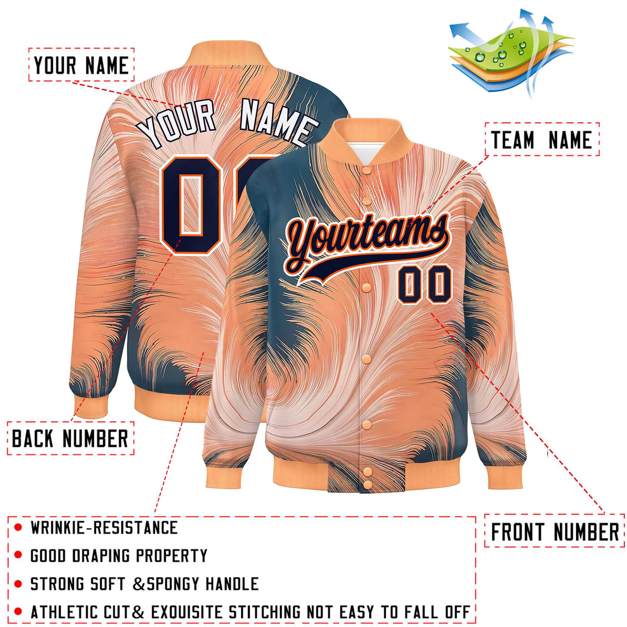 Custom Orange Varsity Full-Snap Feather Fluid Pattern Letterman Baseball Jacket