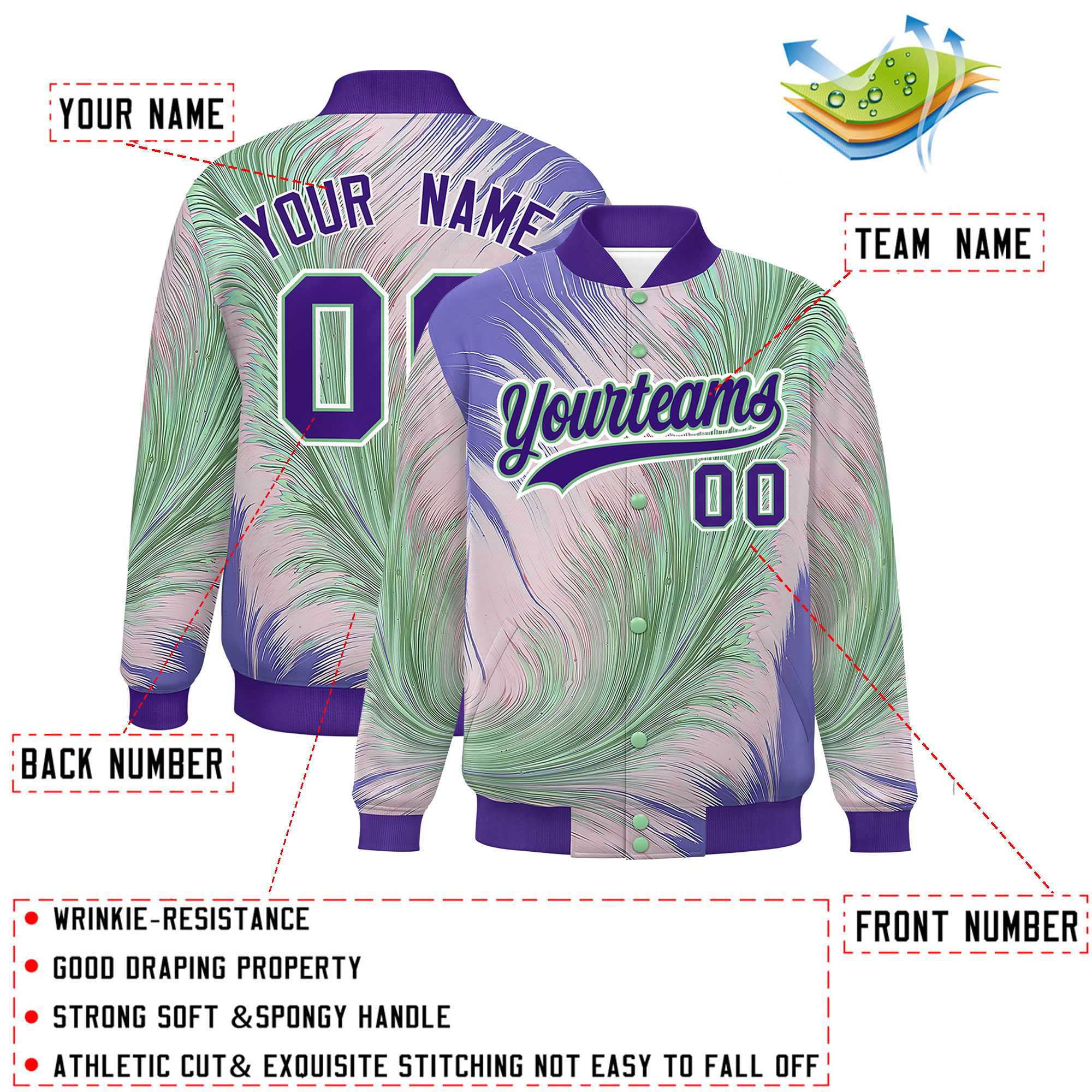 Custom Purple Varsity Full-Snap Feather Fluid Pattern Letterman Baseball Jacket