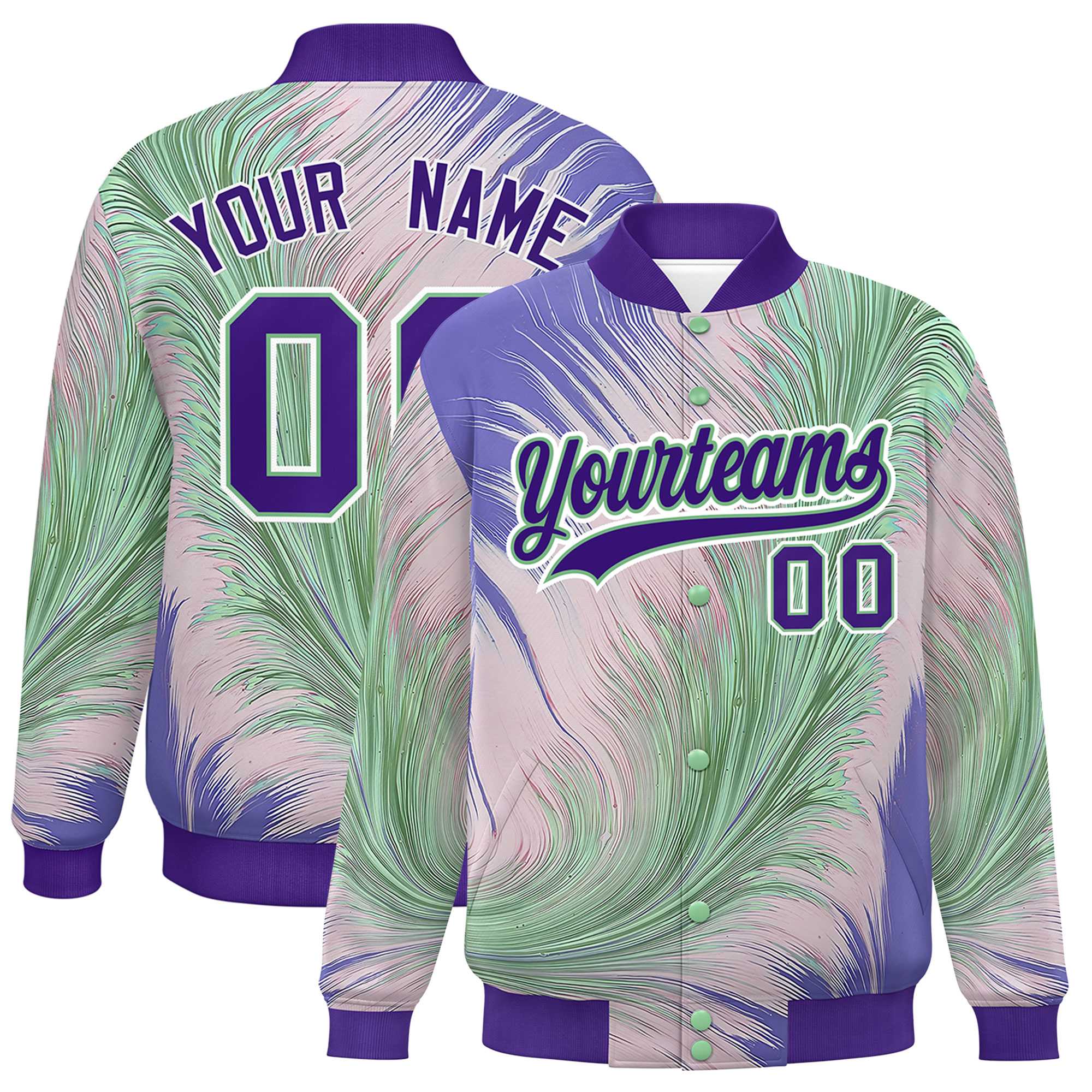 Custom Purple Varsity Full-Snap Feather Fluid Pattern Letterman Baseball Jacket