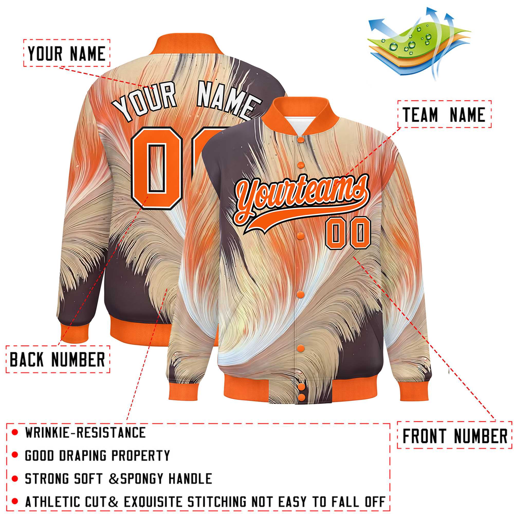 Custom Orange Varsity Full-Snap Feather Fluid Pattern Letterman Baseball Jacket