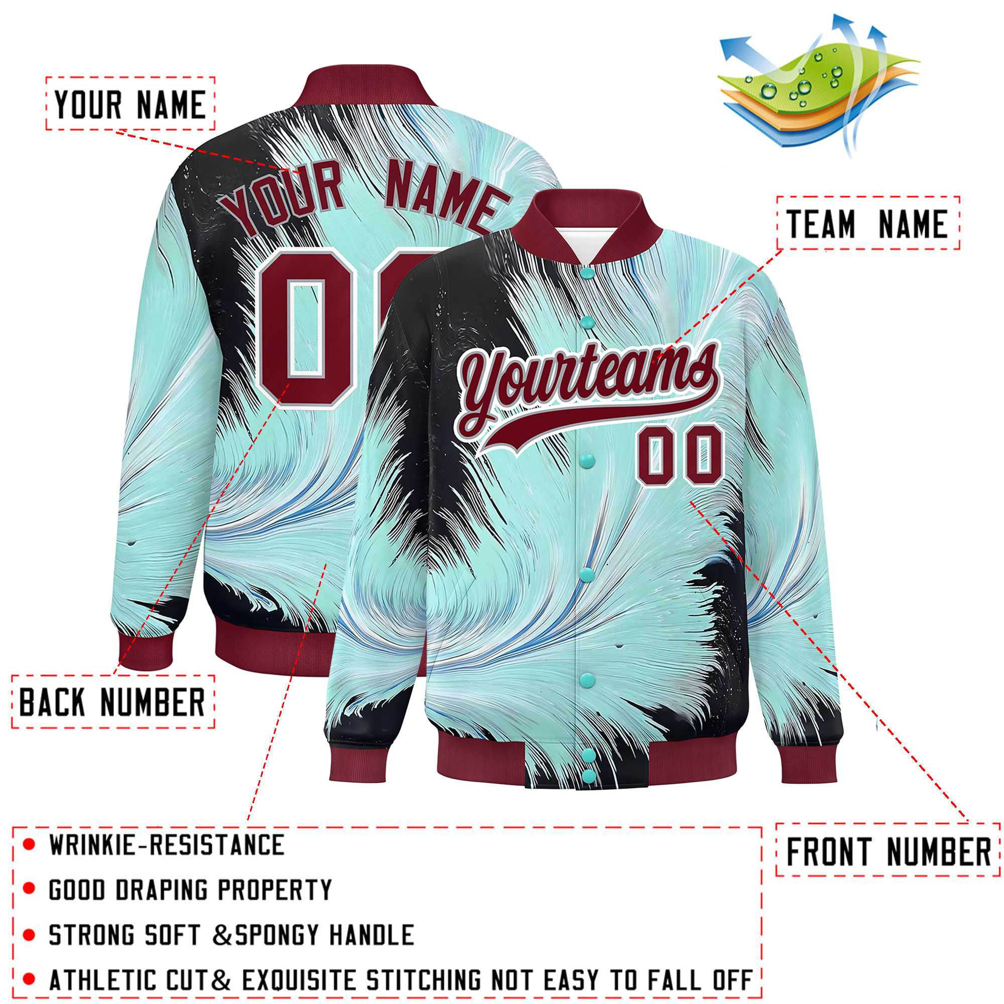 Custom Crimson Varsity Full-Snap Feather Fluid Pattern Letterman Baseball Jacket