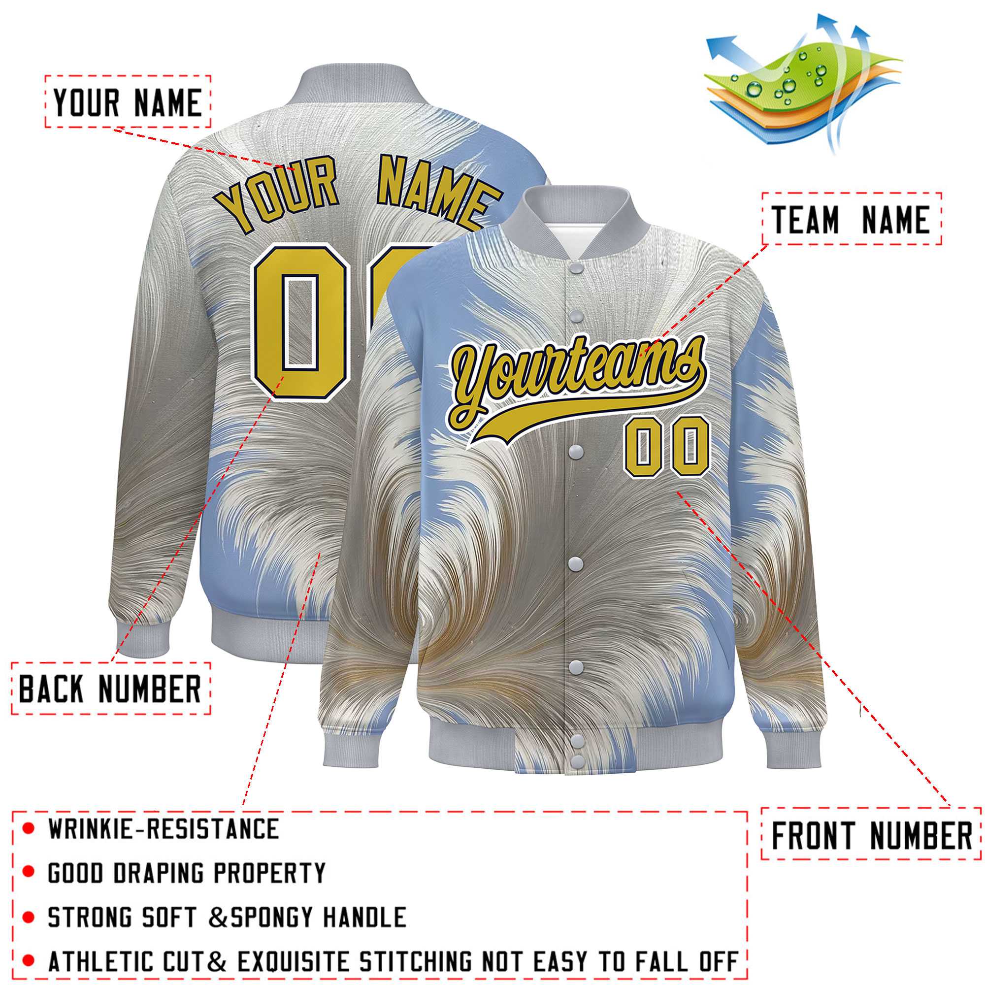 Custom Gray Varsity Full-Snap Feather Fluid Pattern Letterman Baseball Jacket