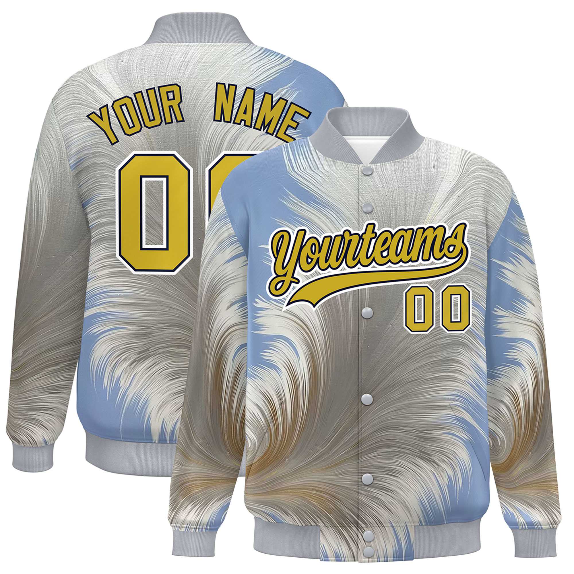 Custom Gray Varsity Full-Snap Feather Fluid Pattern Letterman Baseball Jacket