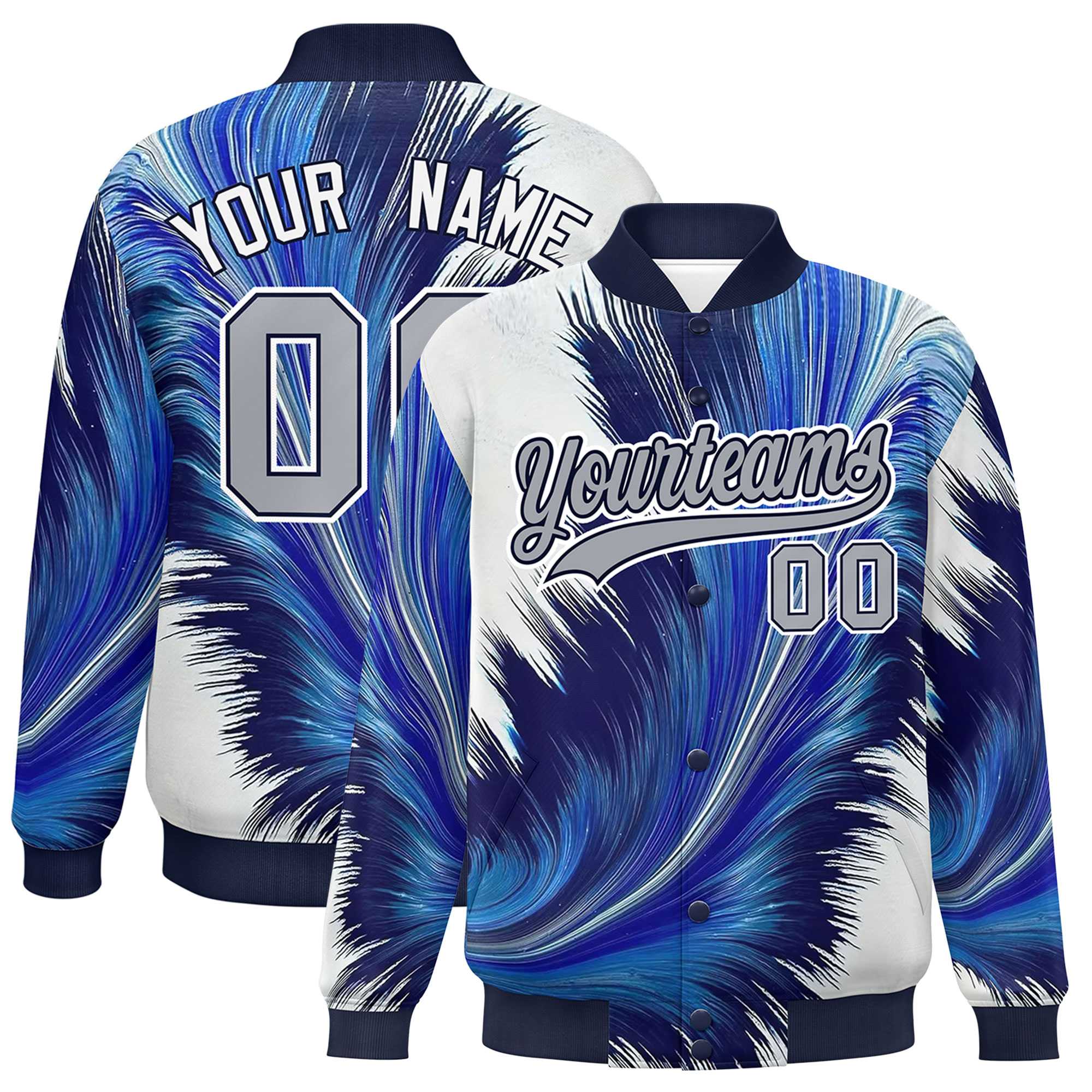 Custom Navy Varsity Full-Snap Feather Fluid Pattern Letterman Baseball Jacket