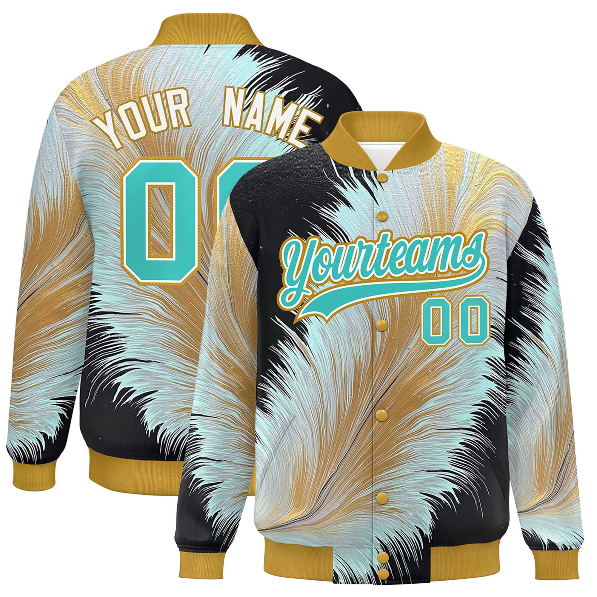 Custom Old Gold Varsity Full-Snap Feather Fluid Pattern Letterman Baseball Jacket