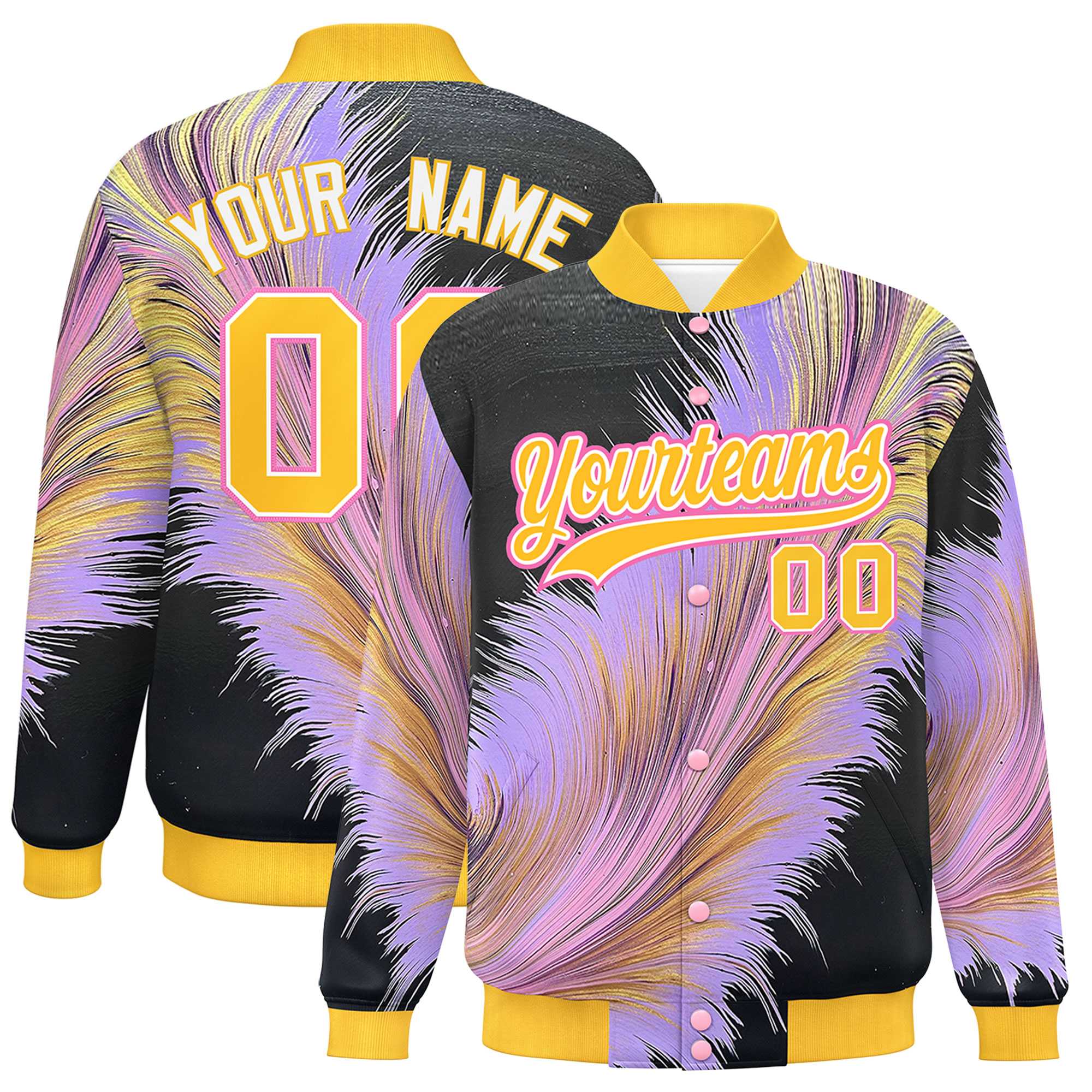 Custom Gold Varsity Full-Snap Feather Fluid Pattern Letterman Baseball Jacket