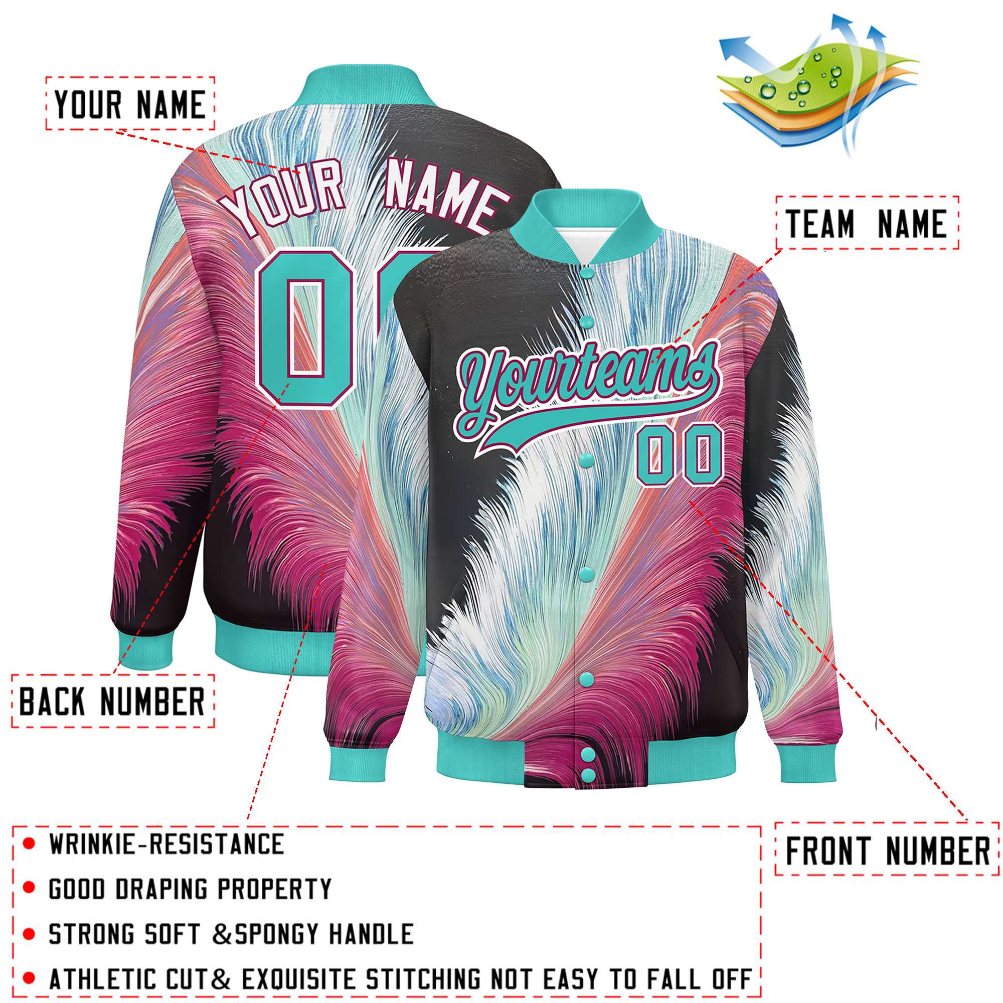 Custom Bright Green Varsity Full-Snap Feather Fluid Pattern Letterman Baseball Jacket