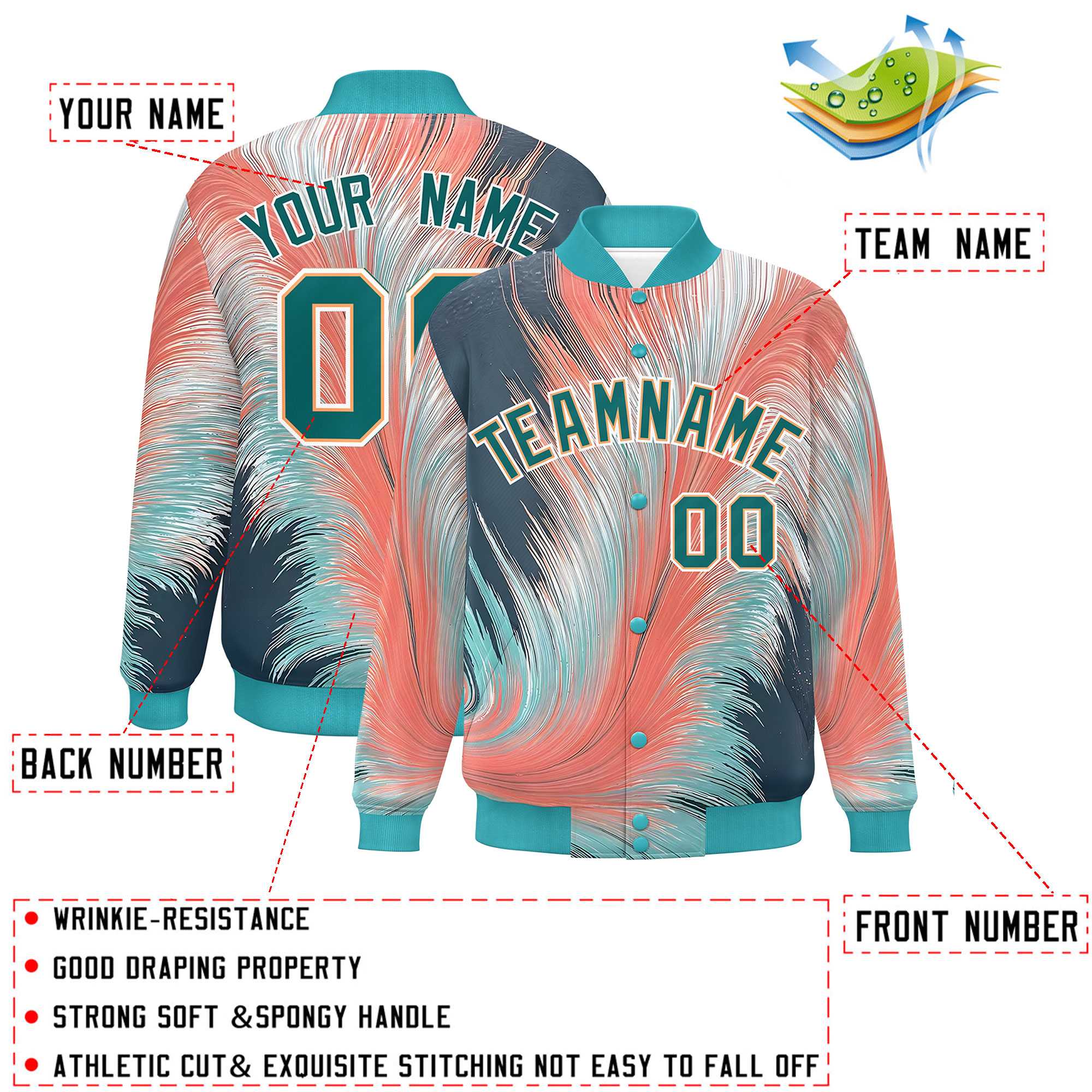 Custom Aqua Varsity Full-Snap Feather Fluid Pattern Letterman Baseball Jacket