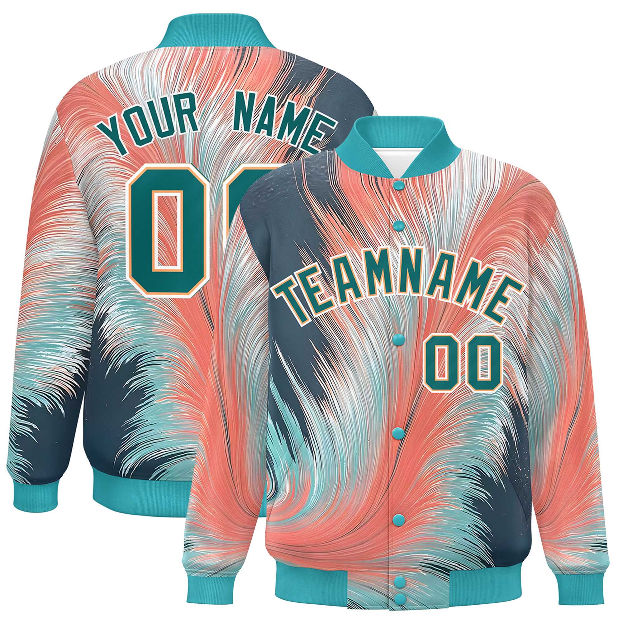 Custom Aqua Varsity Full-Snap Feather Fluid Pattern Letterman Baseball Jacket