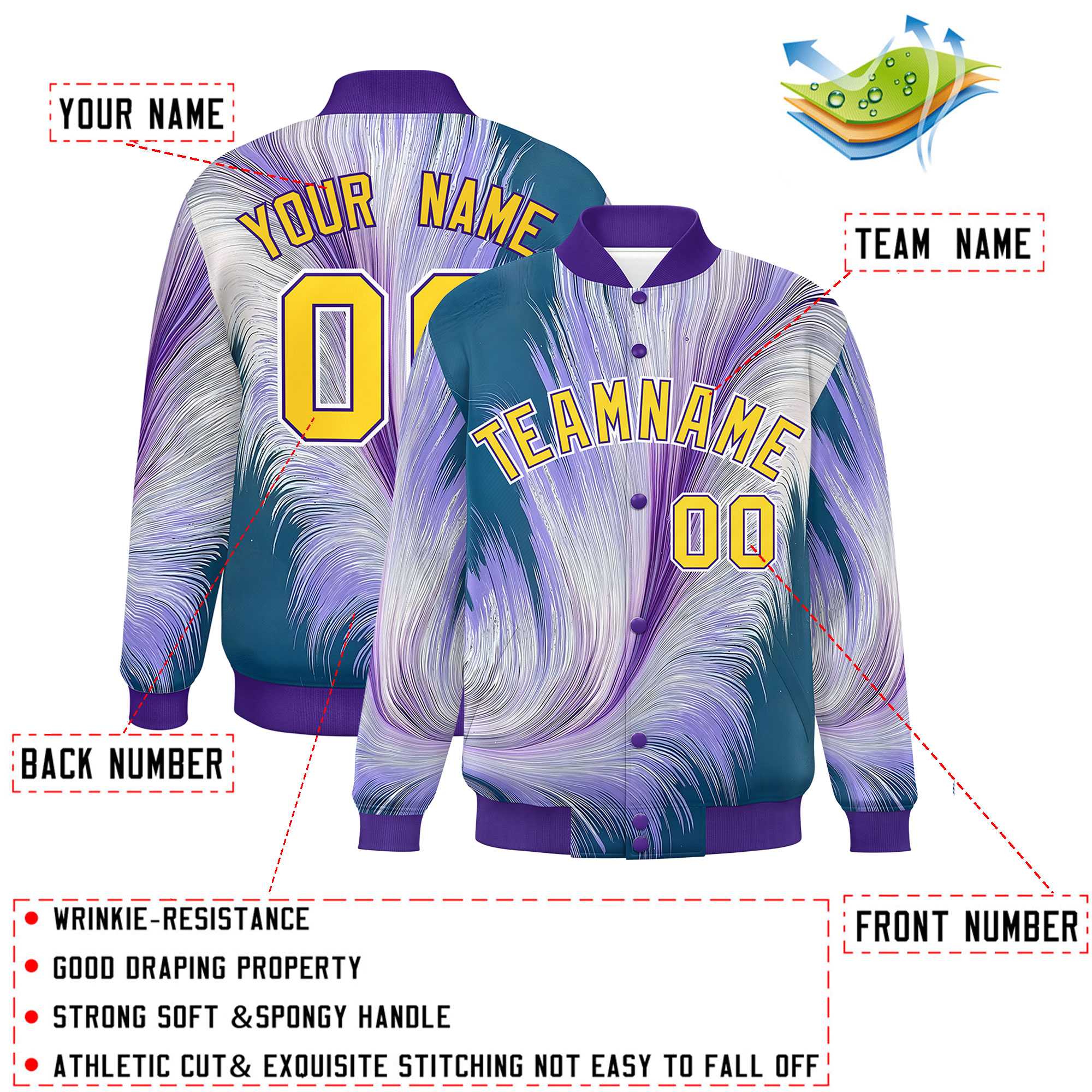 Custom Purple Varsity Full-Snap Feather Fluid Pattern Letterman Baseball Jacket