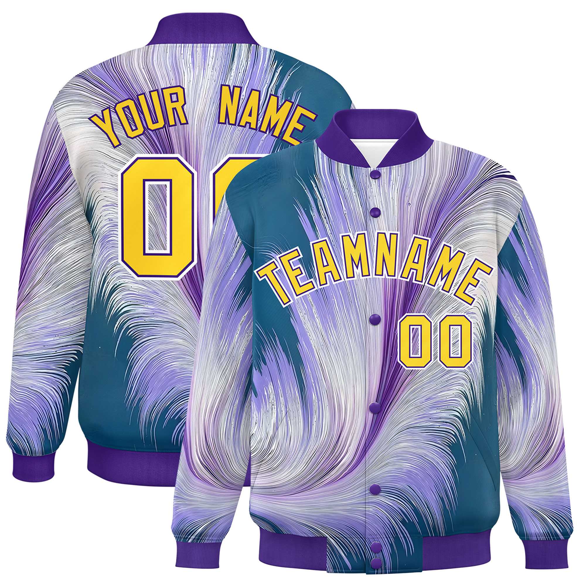 Custom Purple Varsity Full-Snap Feather Fluid Pattern Letterman Baseball Jacket