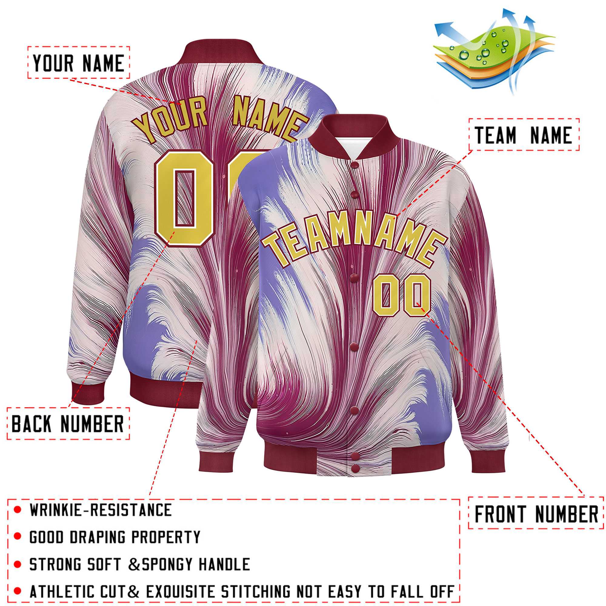 Custom Crimson Varsity Full-Snap Feather Fluid Pattern Letterman Baseball Jacket