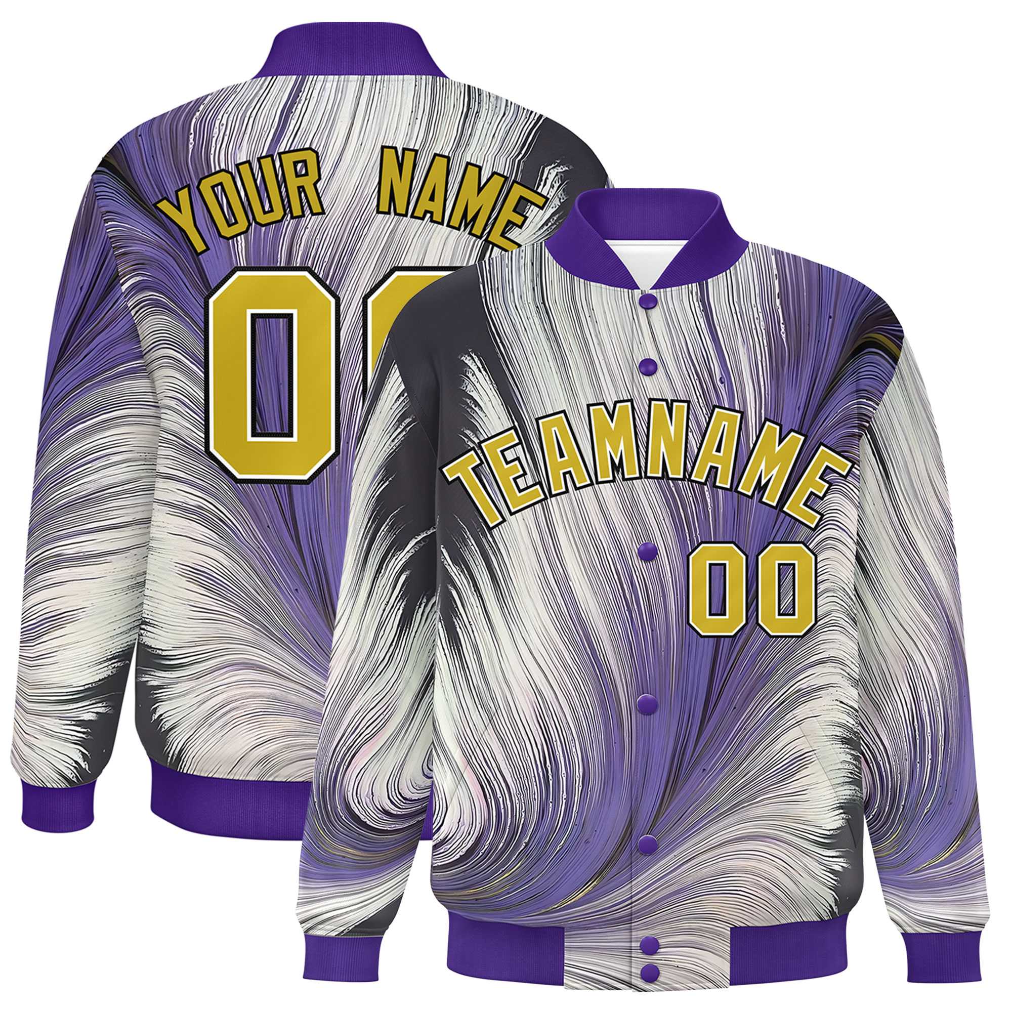 Custom Purple Varsity Full-Snap Feather Fluid Pattern Letterman Baseball Jacket