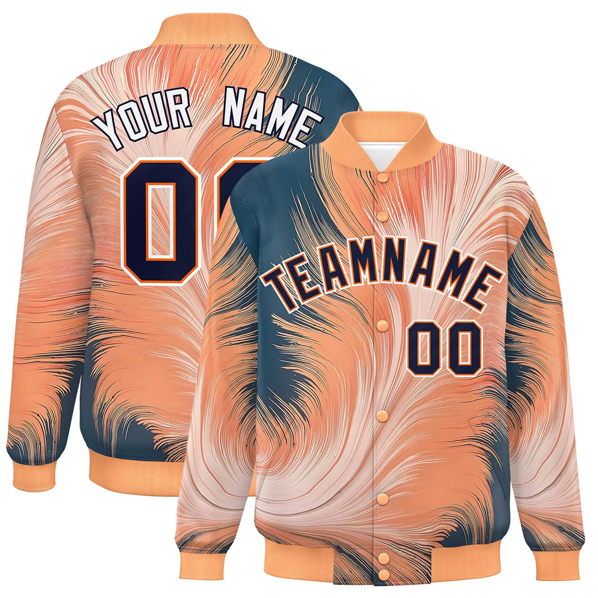 Custom Orange Varsity Full-Snap Feather Fluid Pattern Letterman Baseball Jacket