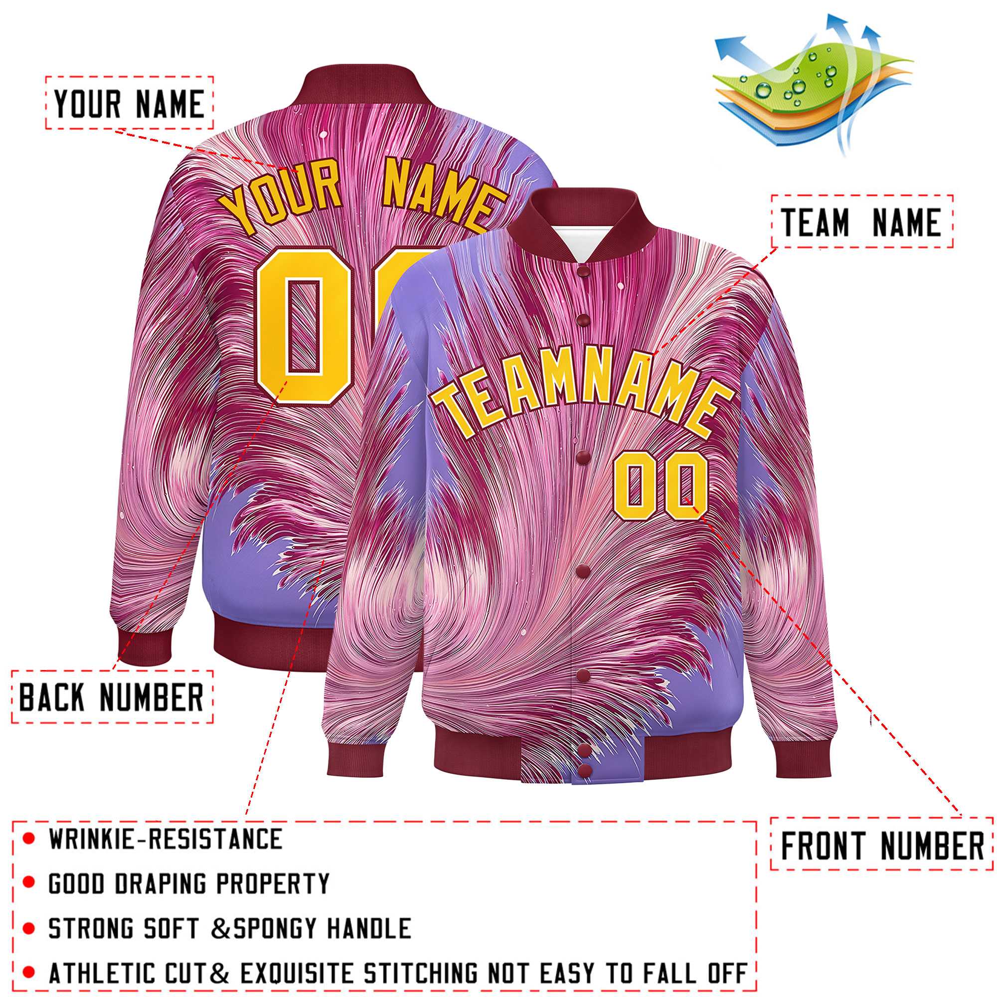 Custom Crimson Varsity Full-Snap Feather Fluid Pattern Letterman Baseball Jacket