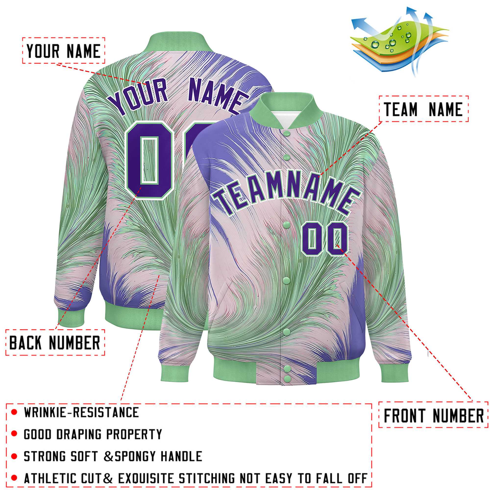 Custom Green Varsity Full-Snap Feather Fluid Pattern Letterman Baseball Jacket