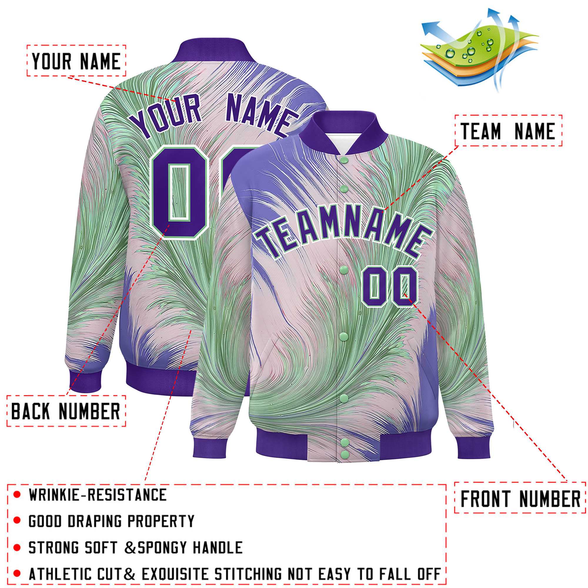 Custom Purple Varsity Full-Snap Feather Fluid Pattern Letterman Baseball Jacket