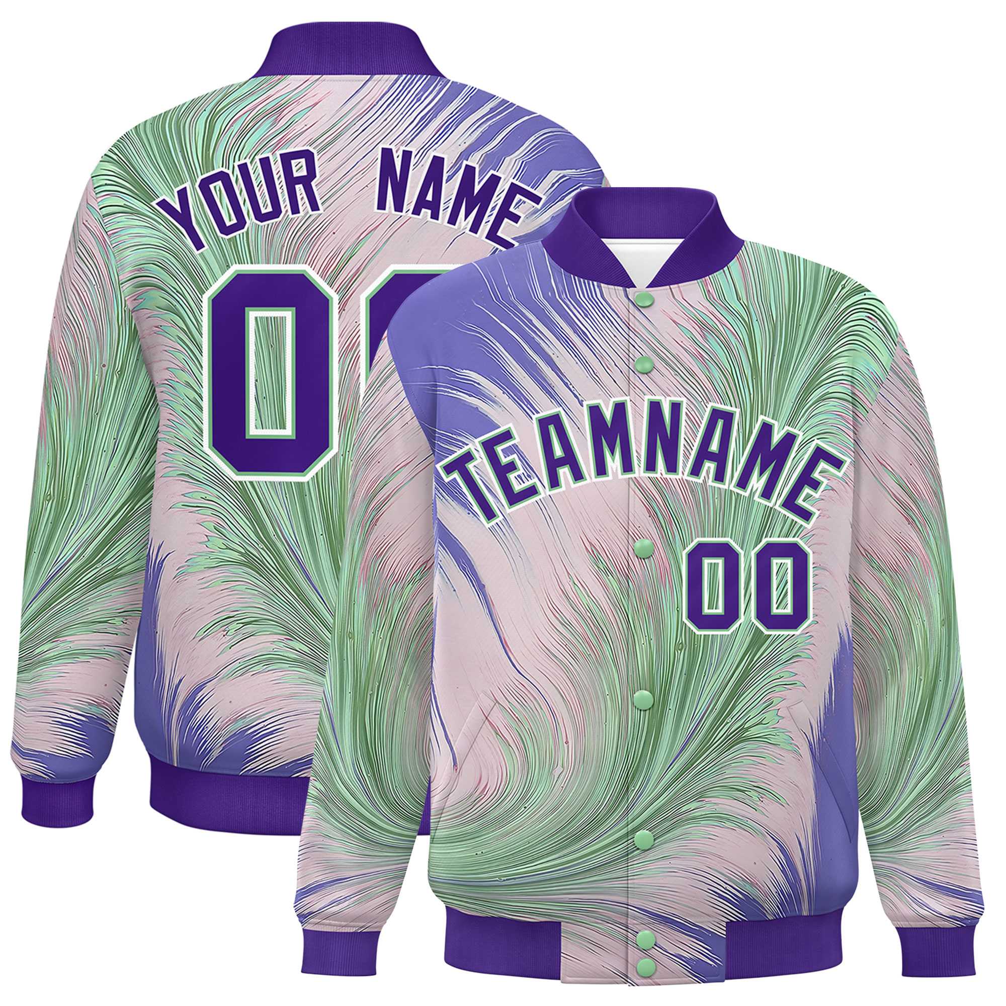 Custom Purple Varsity Full-Snap Feather Fluid Pattern Letterman Baseball Jacket