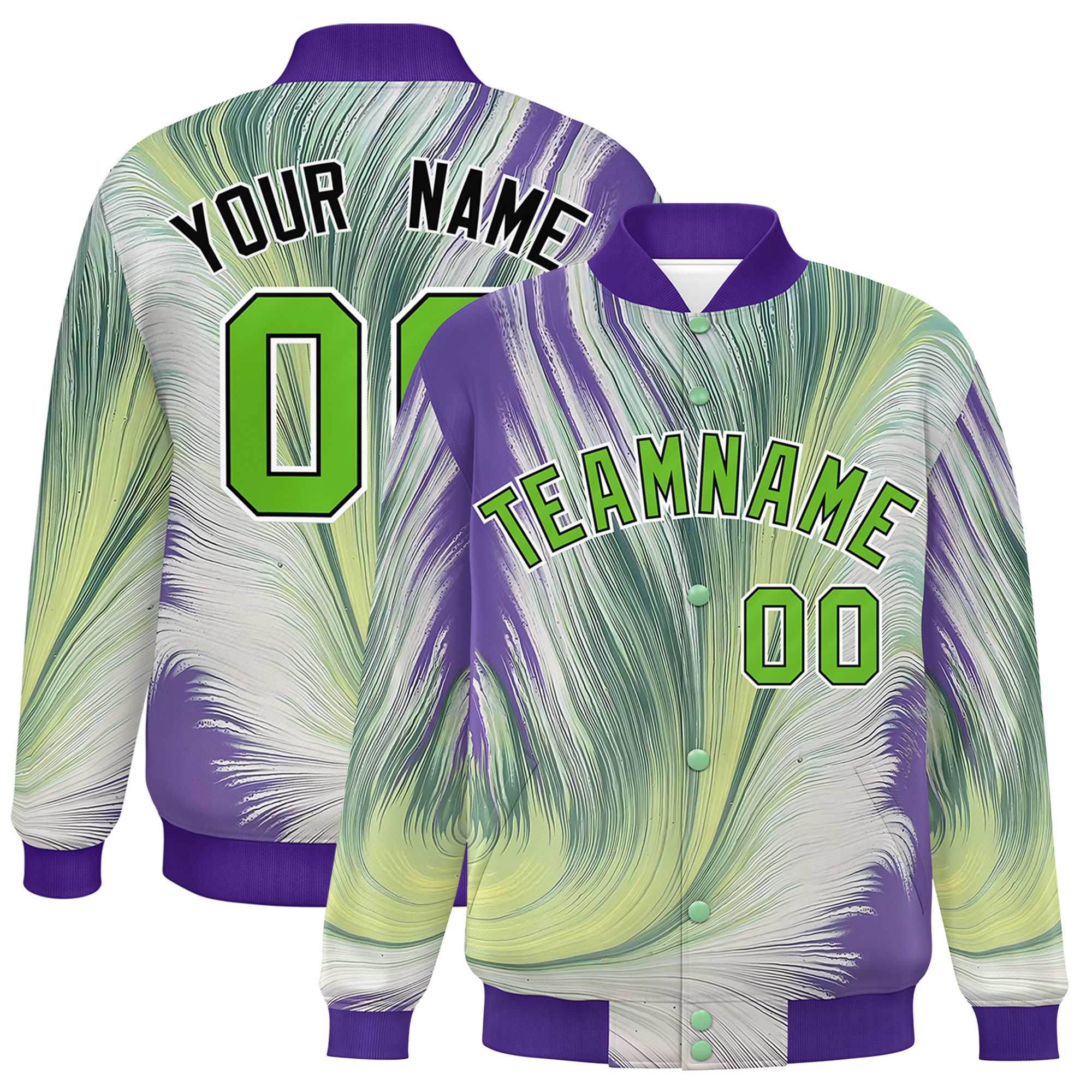 Custom Purple Varsity Full-Snap Feather Fluid Pattern Letterman Baseball Jacket